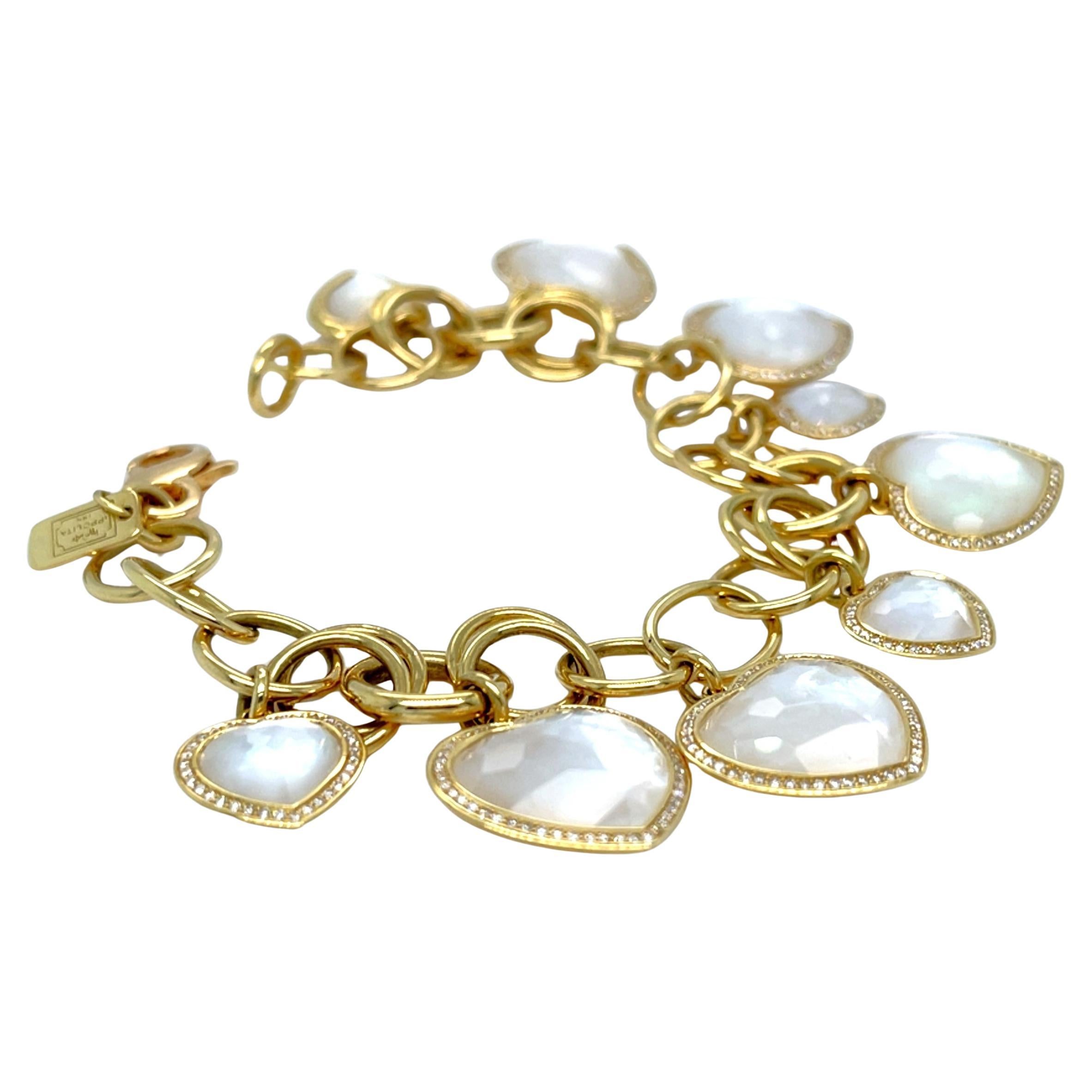 Ippolita 18k Yellow Gold Lollipop Mother-of-Pearl Heart Diamond Charm Bracelet For Sale