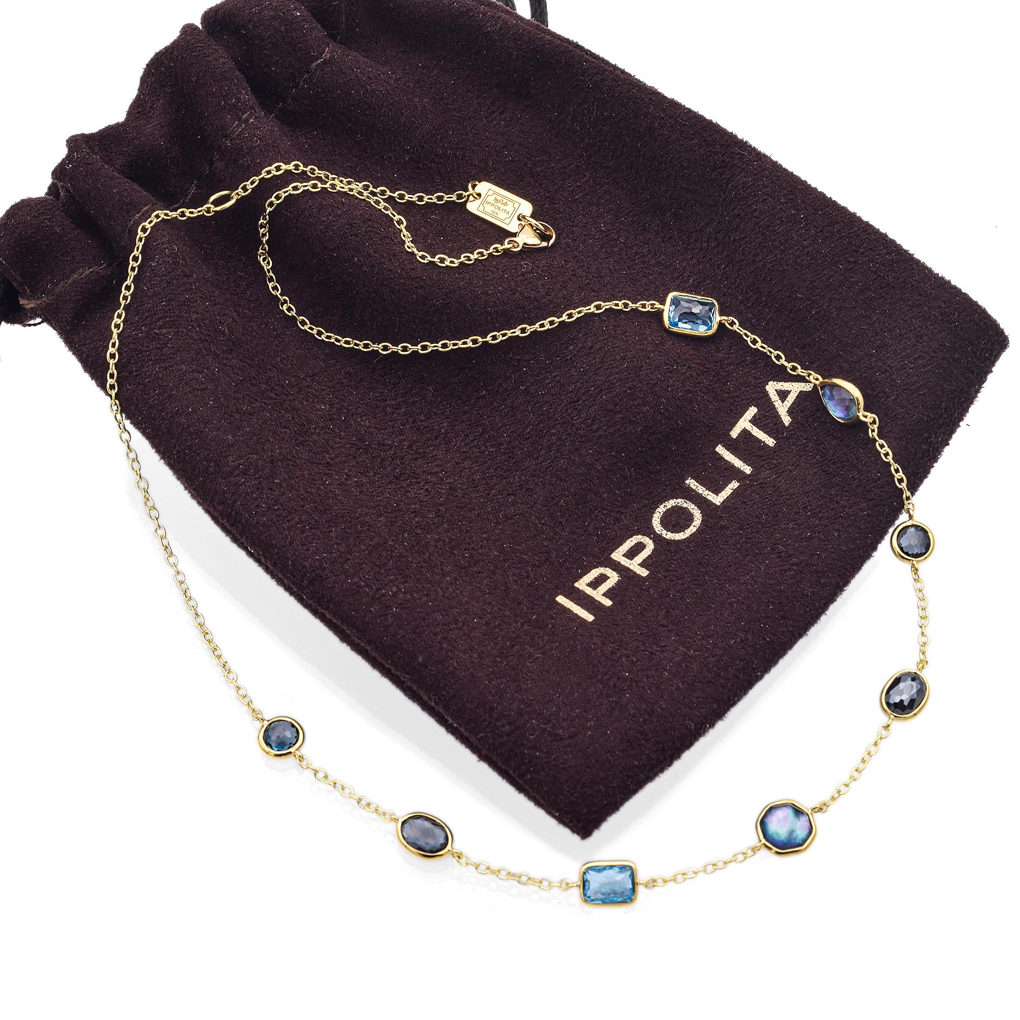 Ippolita Halskette mit eingefassten Edelsteinen in verschiedenen Formen an einer zarten Kette aus 18 Karat Gelbgold. Das Design umfasst runde, ovale und quadratische Steine, die jeweils in einen minimalistischen Goldrahmen gefasst sind.

Gewicht: