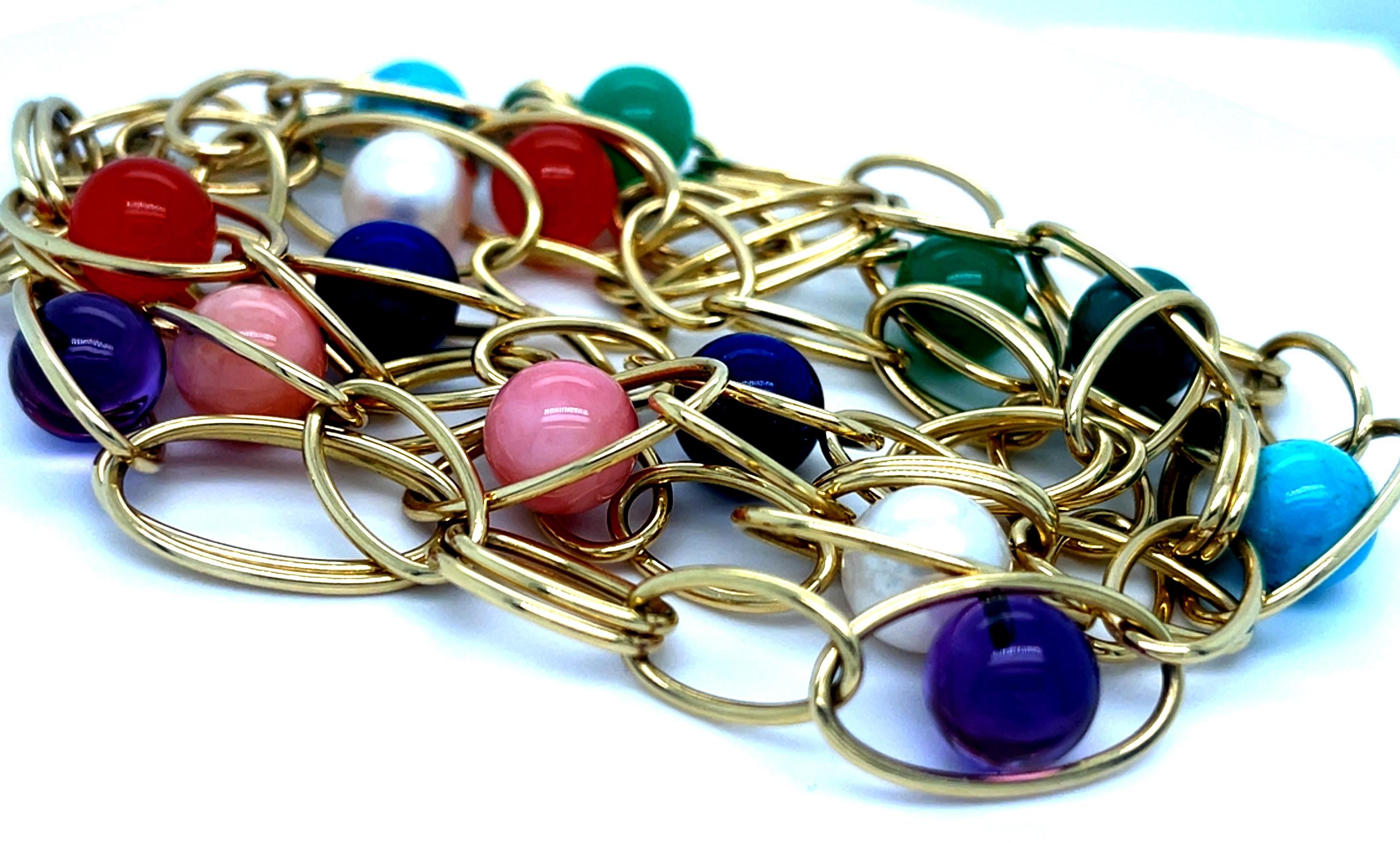 Gorgeous Ippolita Chain Necklace
Some Links are Set with Spherical Cut Gemstones, Including Cultured Pearl and Malachite
Total Length of Chain = 26