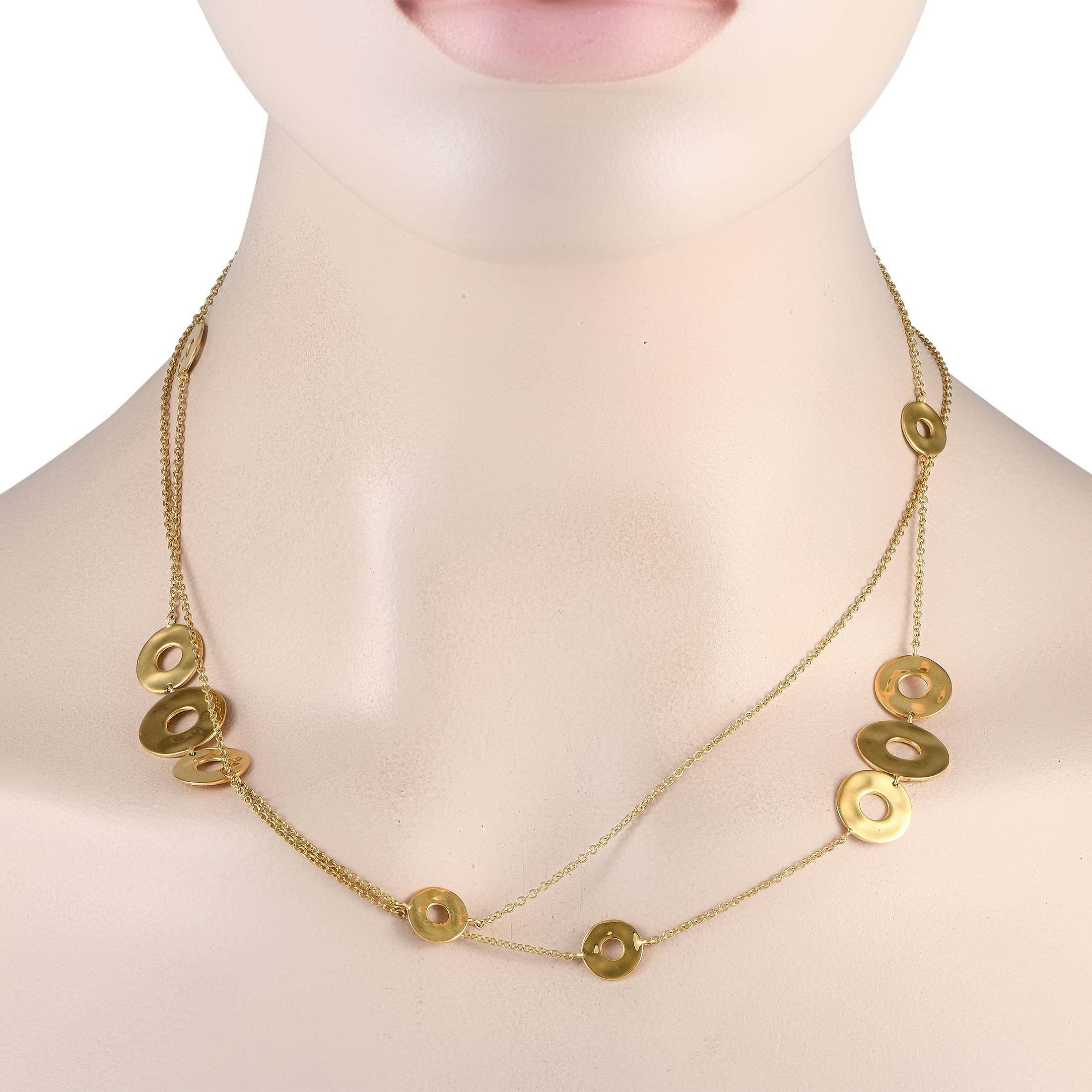 A dramatic 38 chain allows you to wear this sleek Ippolita necklace as a multi-wrapped design. Simple 18K Yellow Gold discs elevate the delicate chain, making it a minimalist piece that will effortlessly complement any ensemble.This jewelry piece is