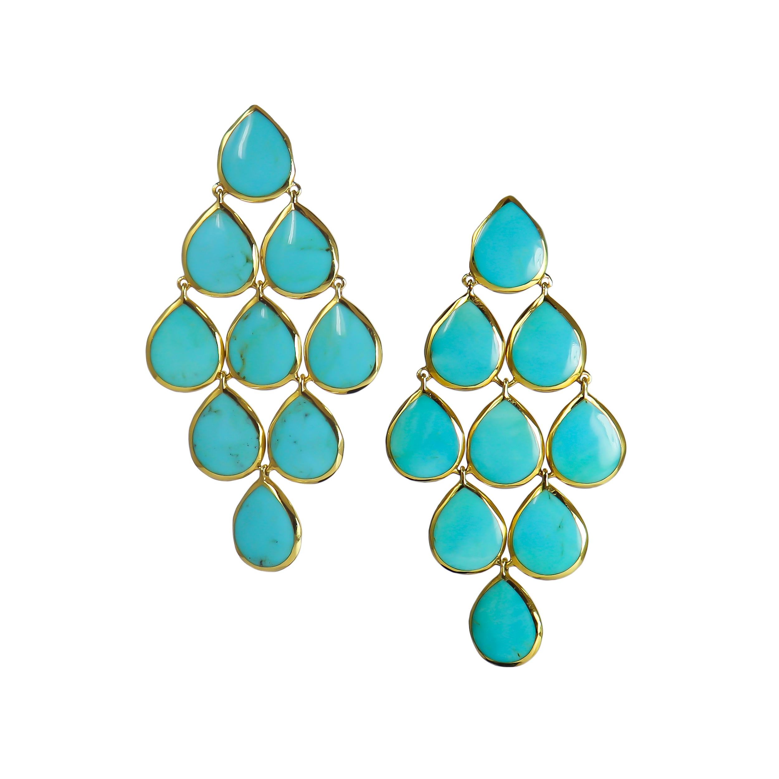 These beautiful, chandelier style earrings feature richly saturated, turquoise cabochons delicately bezel-set in 18K yellow gold. Suspended from posts with heavy friction backs, these earrings are the perfect accessory to easily dress up or down!