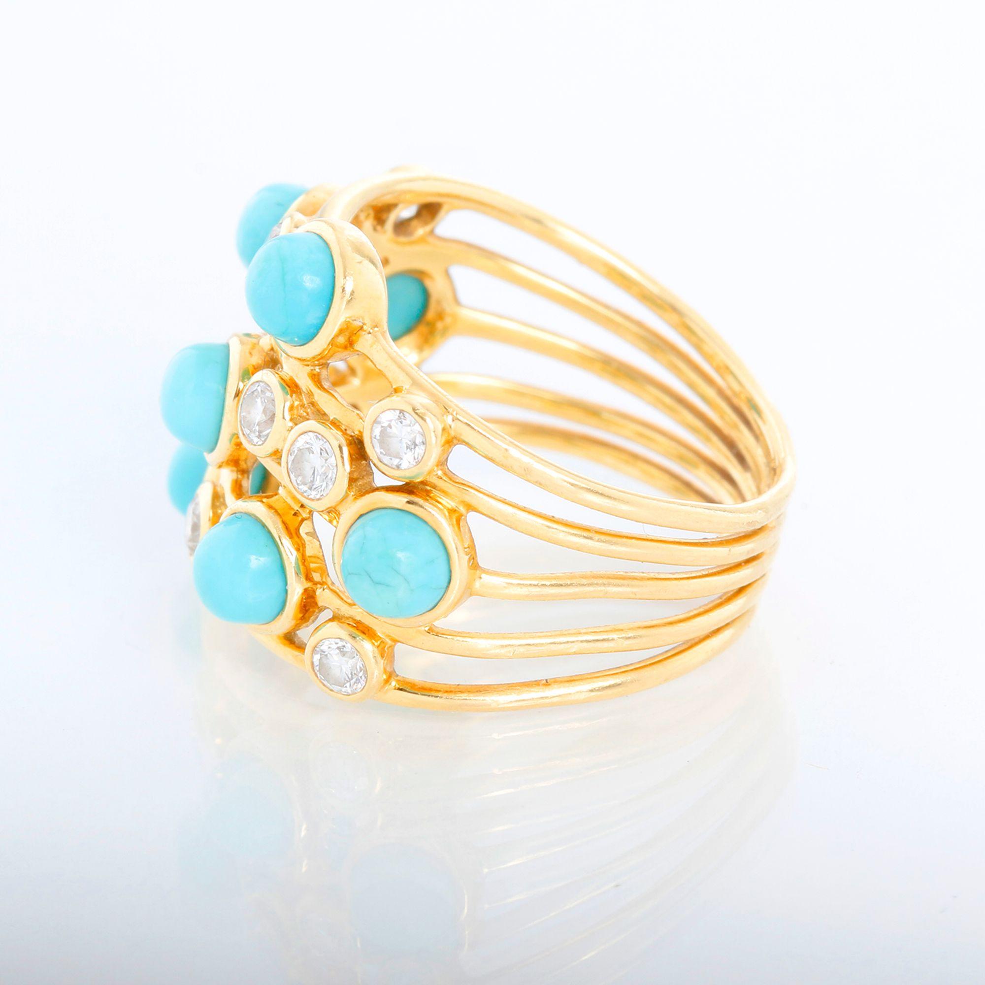 From the Rock Candy Collection. Made in 18K yellow Gold and features gorgeous turquoise and diamond stones. There are 7 round turquoise stones and 9 brilliant diamonds. Measures  3/4 inch at its widest. It weighs 6.8 grams. Pre-owned with custom box