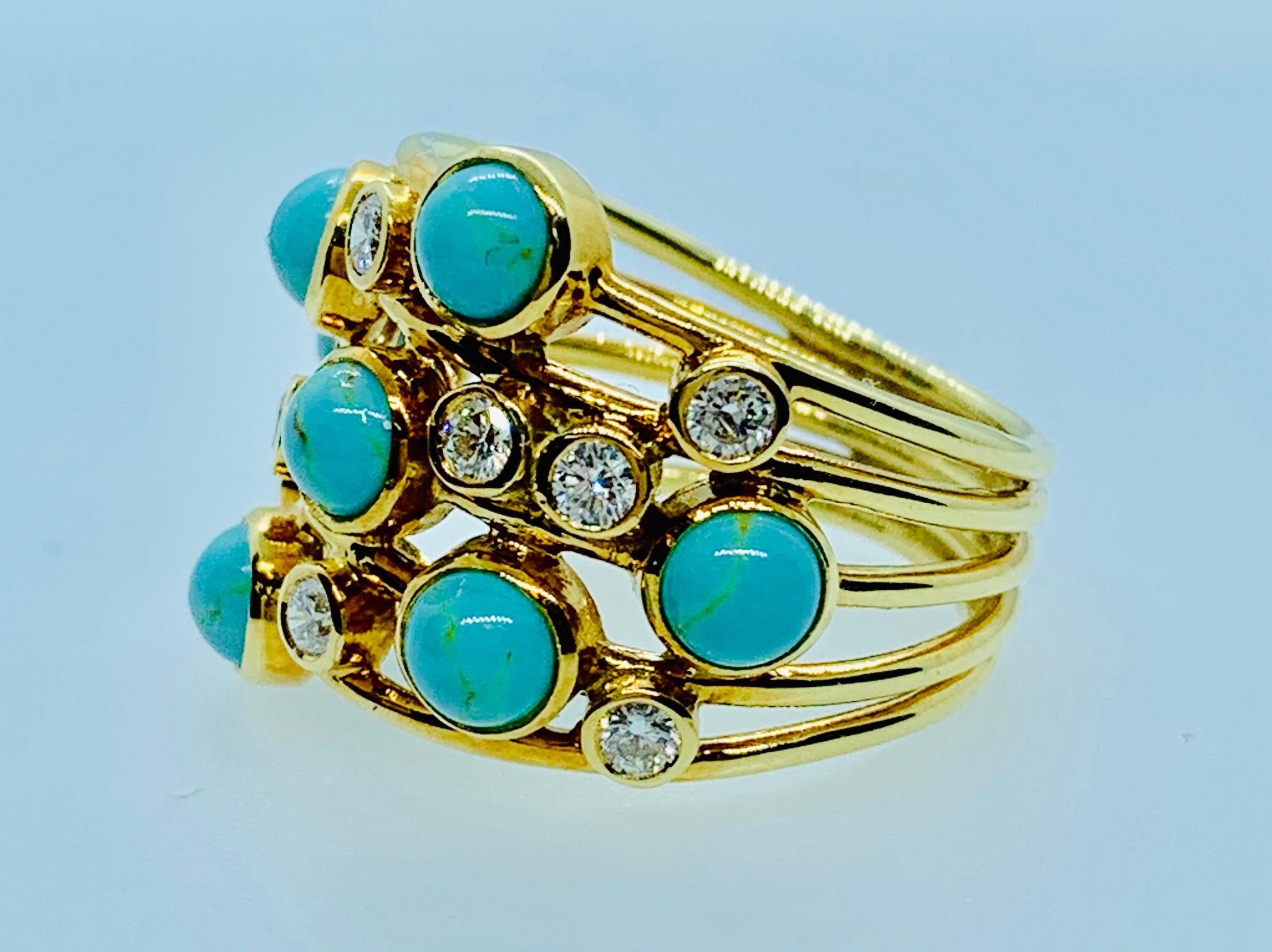 Gorgeous Ippolita Ladies Ring. This is from the Rock Candy Collection. Made in 18K yellow Gold and features gorgeous turquoise and diamond stones. There are 7 round turquoise stones and 9 brilliant diamonds. It will fit a size 6.75 to 7.0 and is 3/4