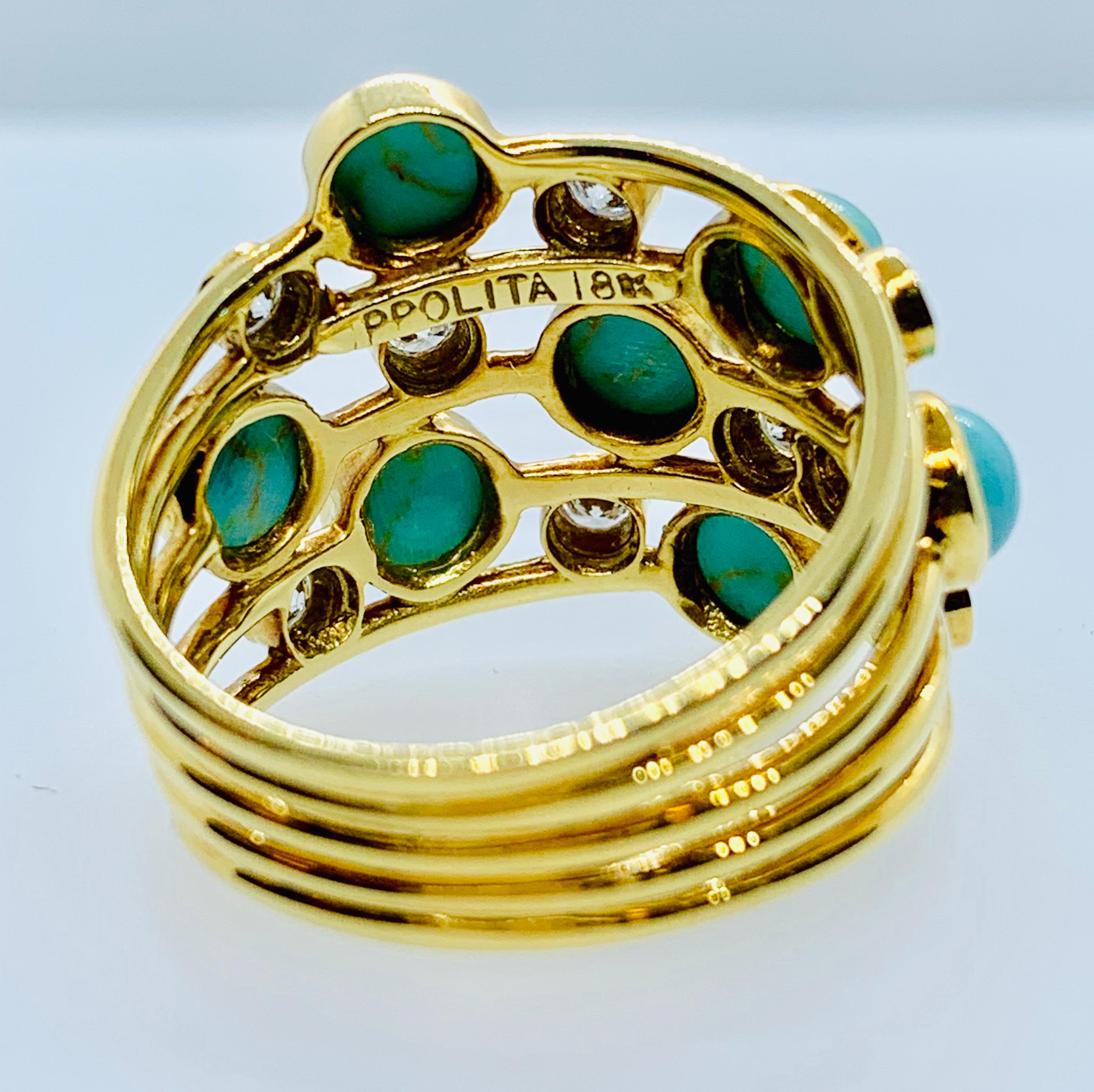 Women's Ippolita 18 Karat Yellow Gold, Turquoise and Diamond Ladies Ring