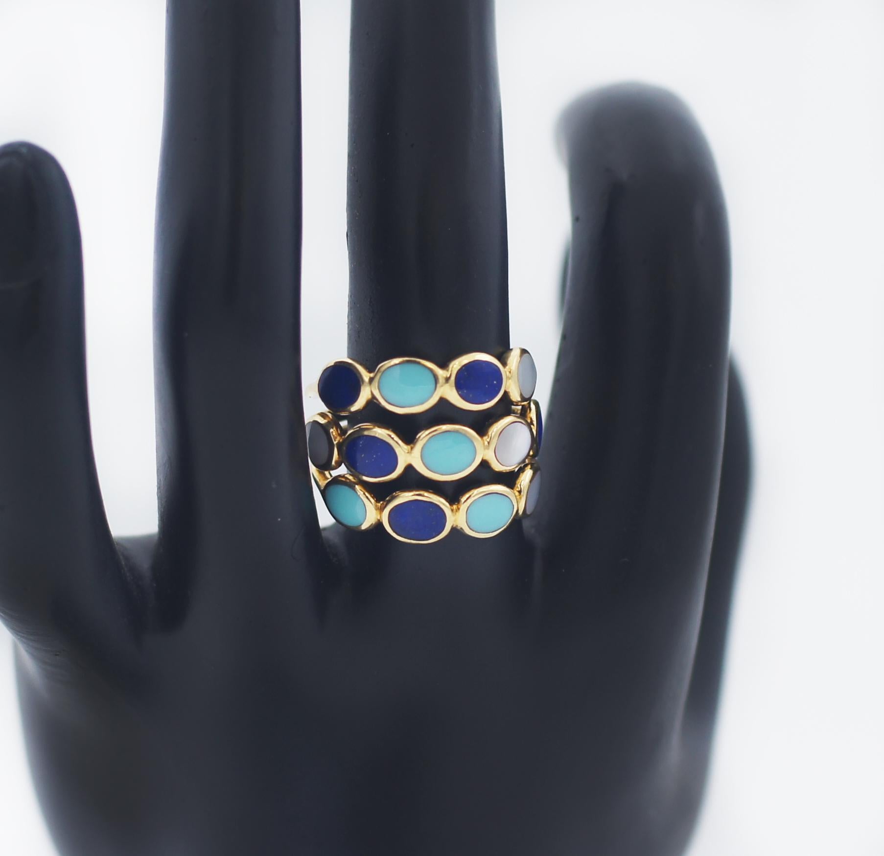 Ippolita Multi-color Gems Ring
The ring is by designer Ippolita from her Lollipop collection
Material: 18k yellow gold
Hallmark: Ippolita 18k
Gemstone: Mother of pearl, turquoise, and lapis
Ring Size: 7 (US)
Weight: Approx. 8 grams
In great looking