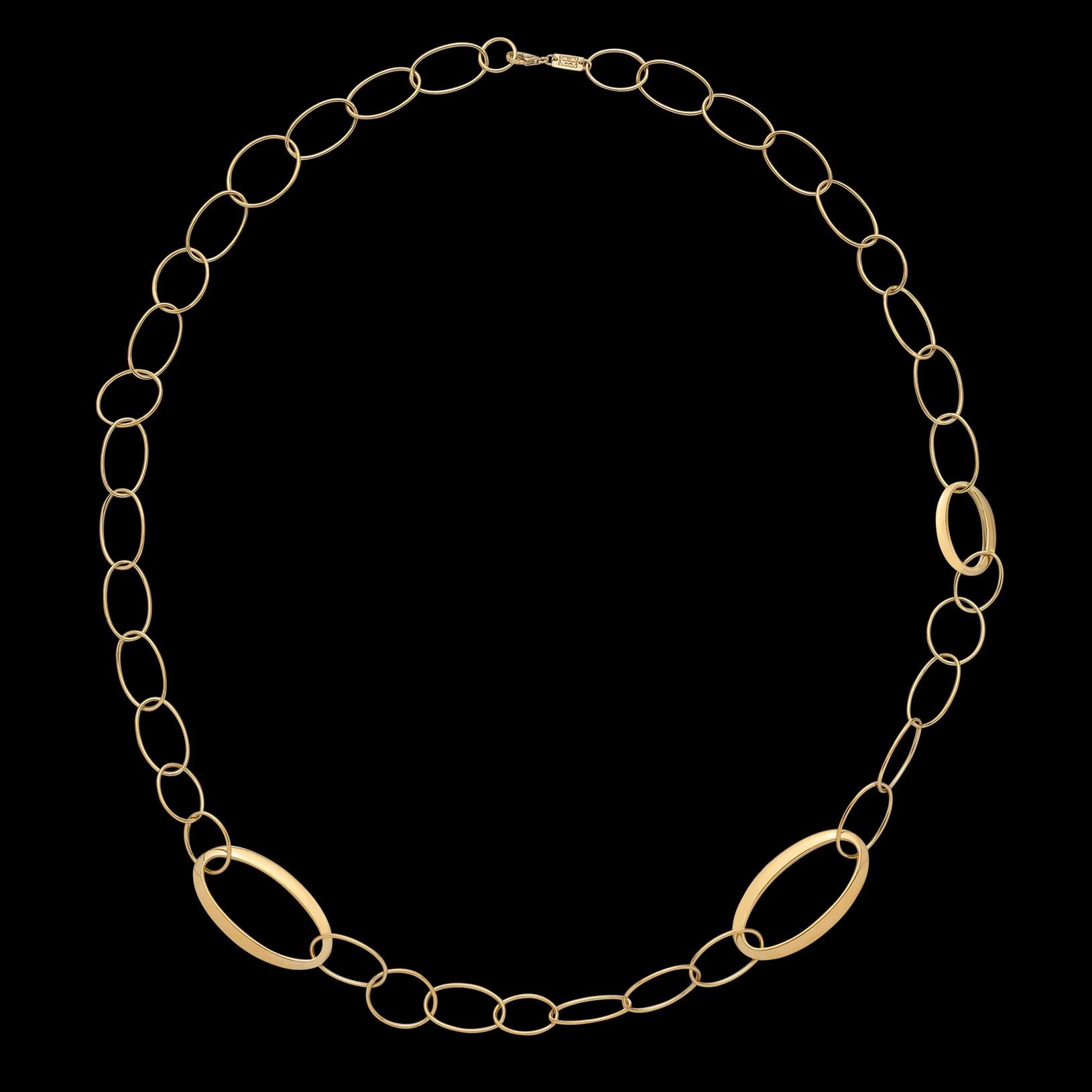 From the Classico collection, a staple of Ippolita, this 18K gold chain alternates captivating, hand-forged oval and round elements. The three distinctive Oval links are cast from wax molds that the designer imprinted on her body, to achieve a