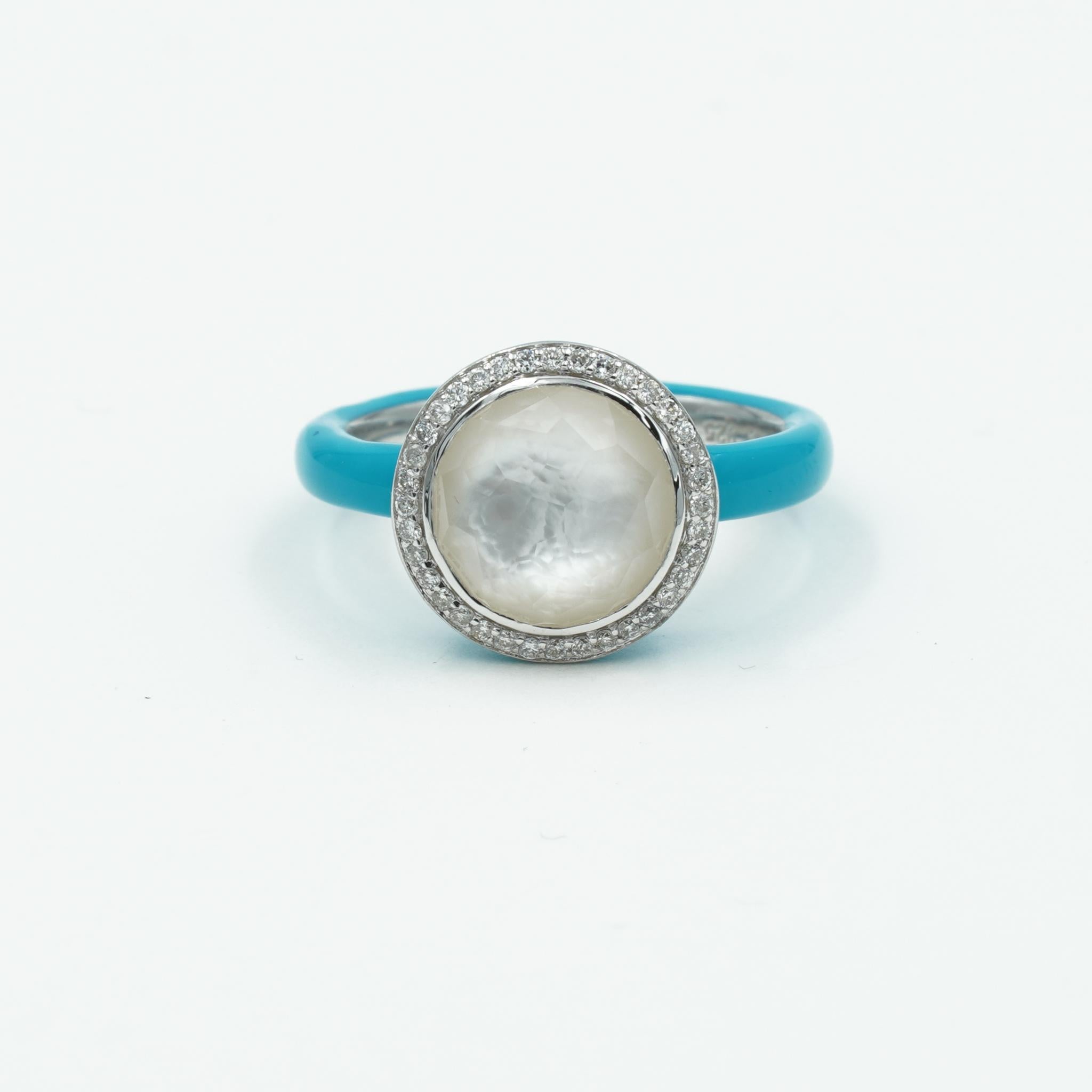 This Carnevale ring is part of the Lollipop® collection by Ippolita and features 0.16 carats of round brilliant cut diamonds surrounding the clear quartz center with a delicate shimmer of mother of pearl, crafted in sterling silver. This ring is on