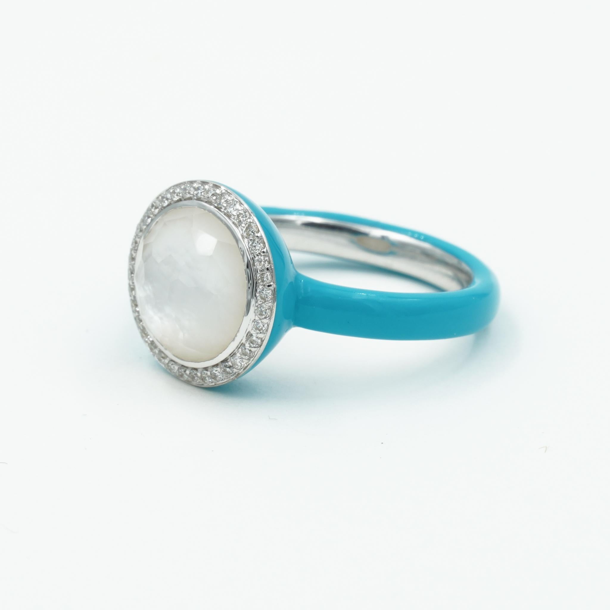 Mixed Cut Ippolita Clear Quartz, Mother of Pearl & Diamond Enamel Ring in Sterling Silver