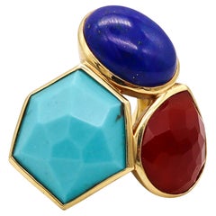 Vintage Ippolita Colorful Cocktail Ring In 18Kt Gold Turquoise Blue Lapis And Carnelian