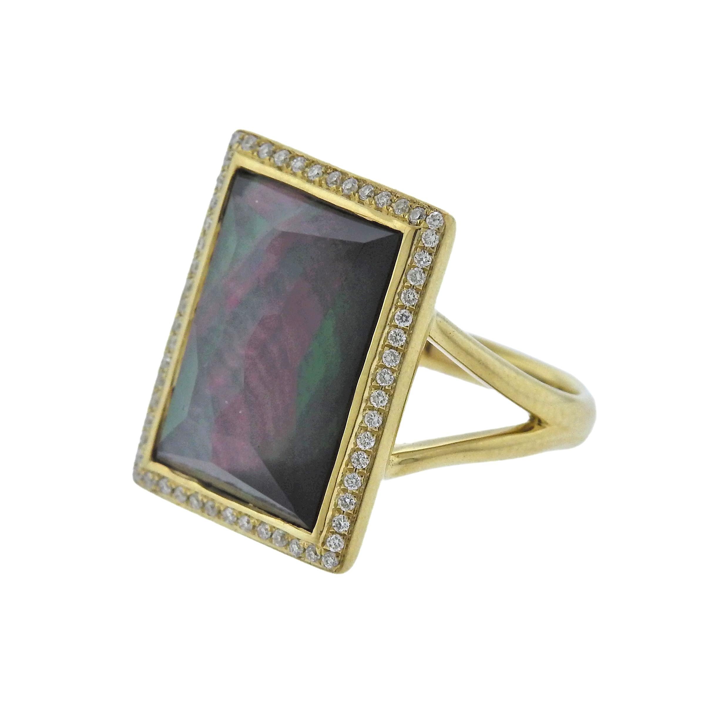 Large 18k gold ring , crafted by Ippolita, set with hematite, quartz, surrounded with approx. 0.21ctw in diamonds. Ring size 7 1/4, ring top - 20mm x 16mm, weight 8.8 grams. Marked Ippolita and 18k. Retail $3295. Comes with Pouch.