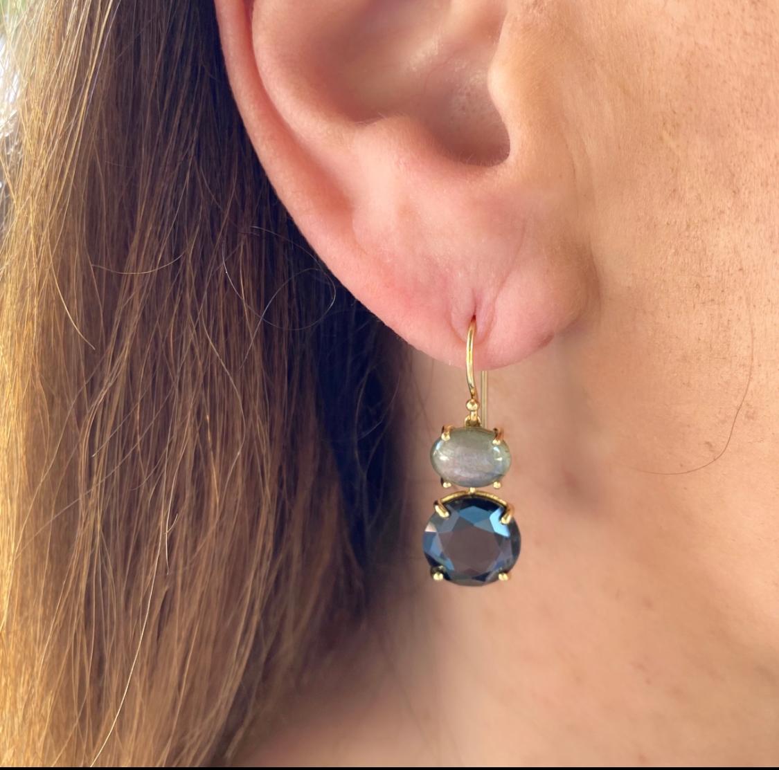 From the Rock Candy Collection, these 18k yellow gold drop earrings are set with translucent hardstone oval cabochon tops, suspending round faceted rock crystal and hematite. The earrings weigh 6.0 grams, and measure 1 1/4in. long. Dark, sparkling
