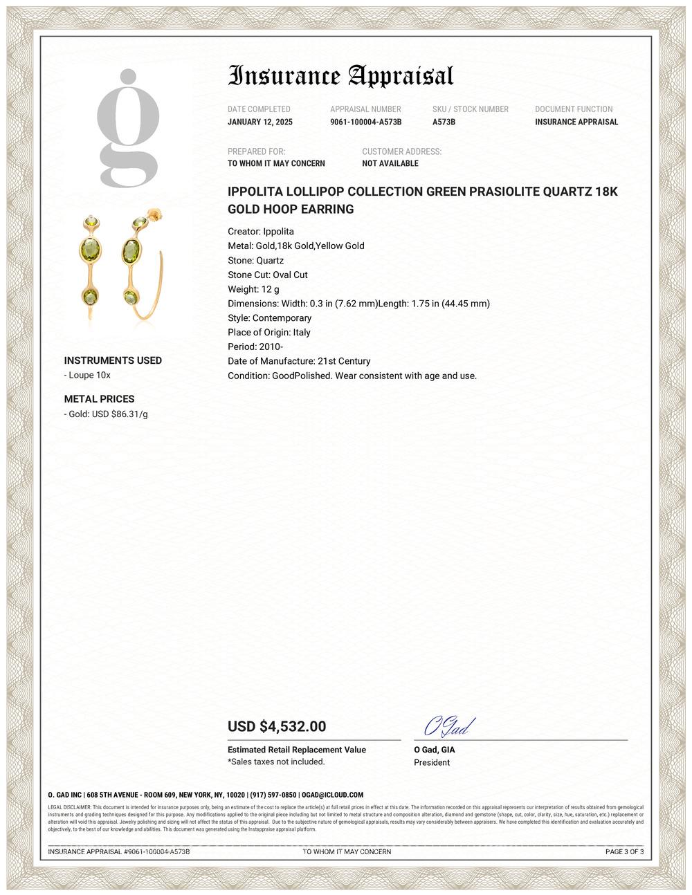 Contemporary Ippolita Lollipop Collection Green Prasiolite Quartz 18k Gold Hoop Earring For Sale