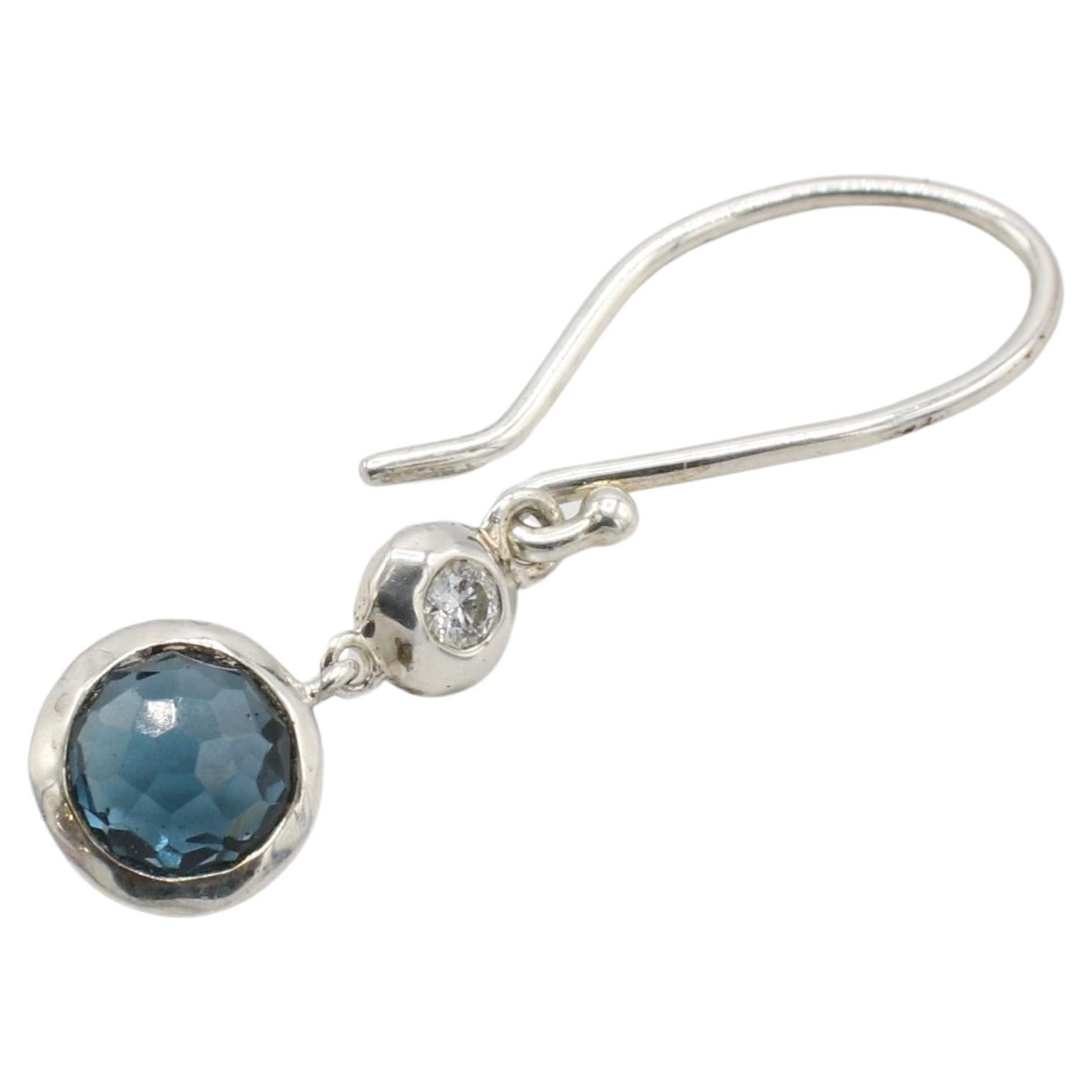 Modern Ippolita Lollipop Sterling Silver Two Stone Diamond & Blue Topaz Drop Earrings  For Sale