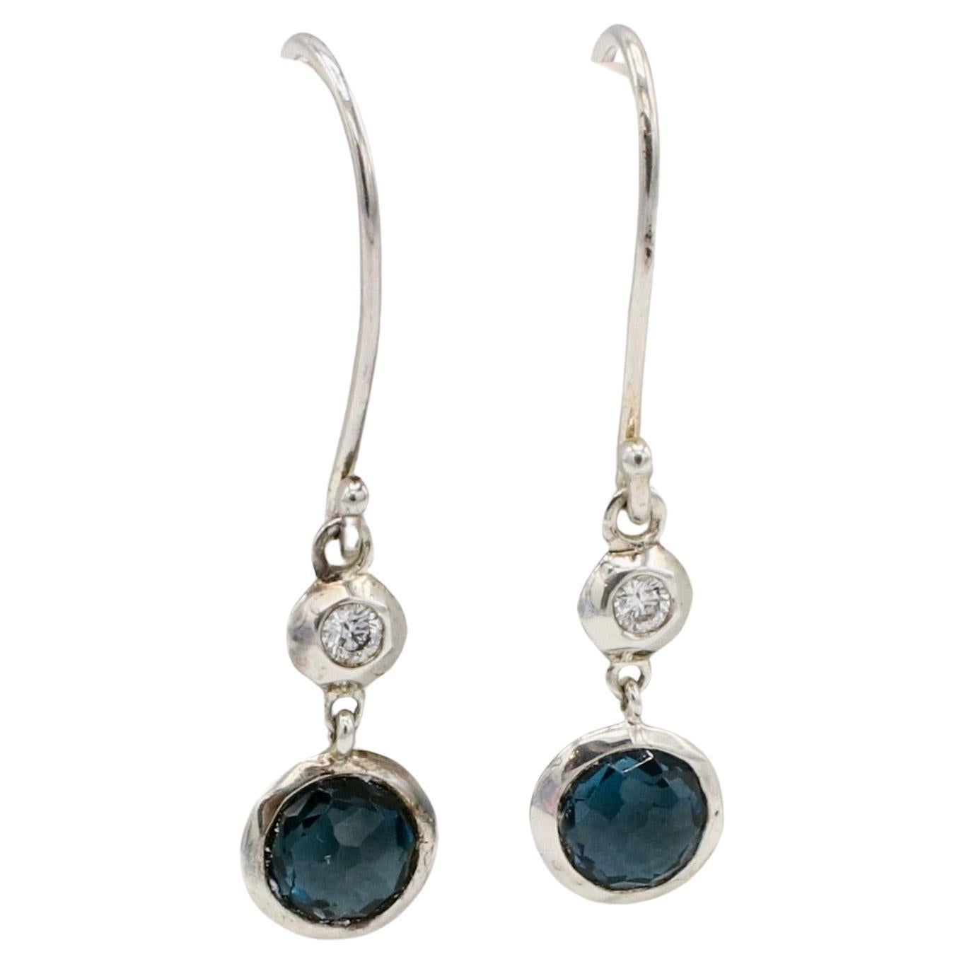 Round Cut Ippolita Lollipop Sterling Silver Two Stone Diamond & Blue Topaz Drop Earrings  For Sale