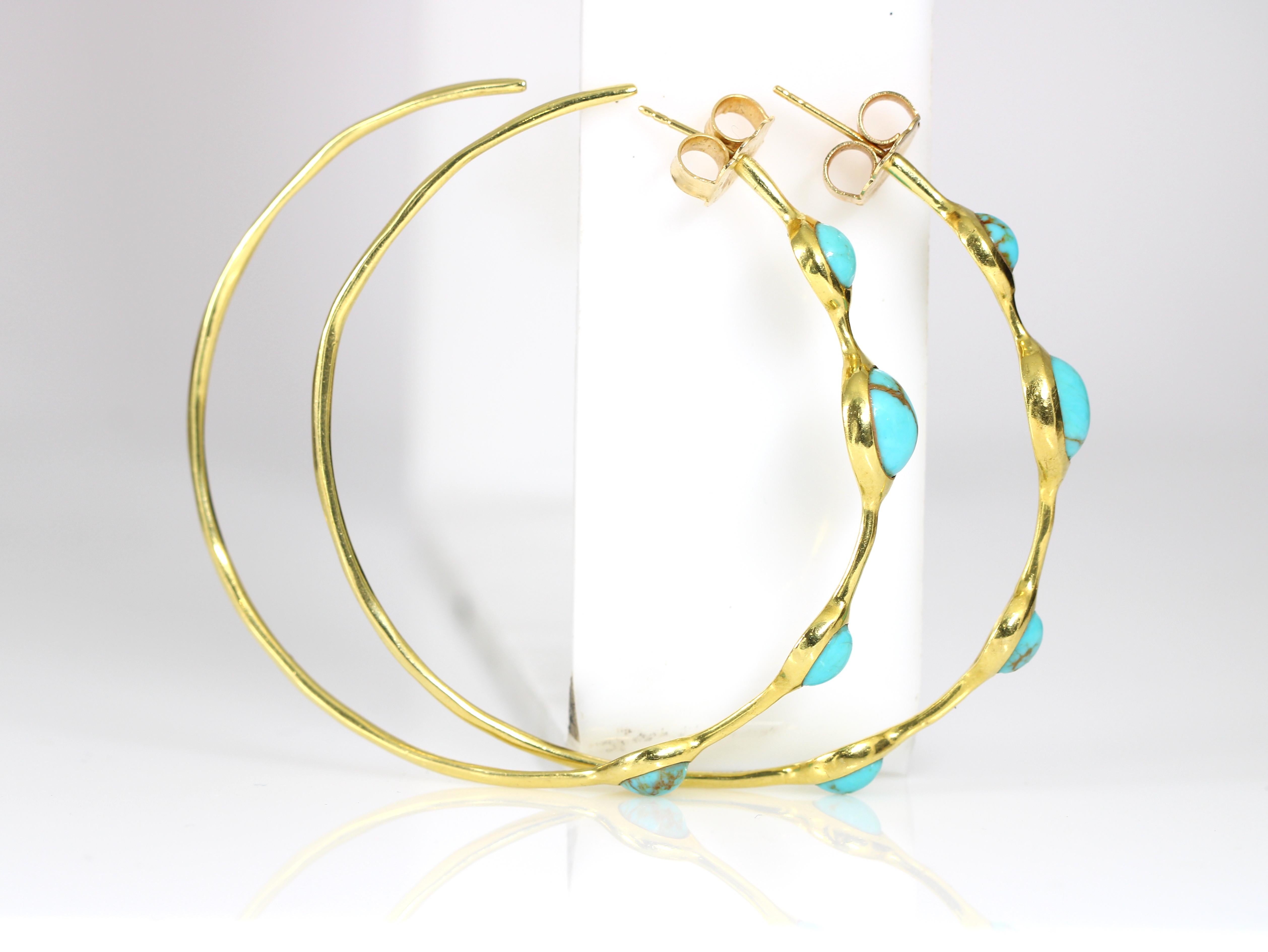Cabochon Ippolita Natural Turquoise 18K Yellow Gold Hammered Hoop Earrings