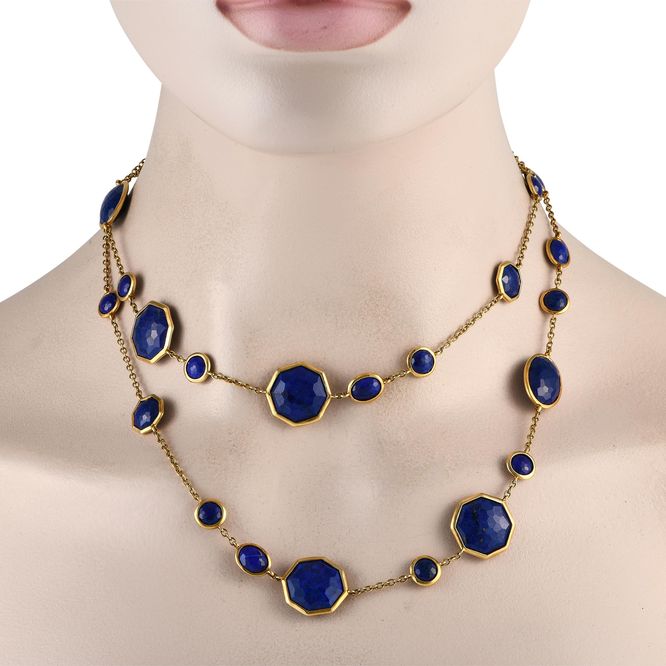 The geometric beauty and elegance of this long necklace will surely bring character to your style. From Ippolita, here is a 36-inch-long necklace in 18K yellow gold adorned with multi-sized faceted lapis lazuli gemstones in round, oval, and