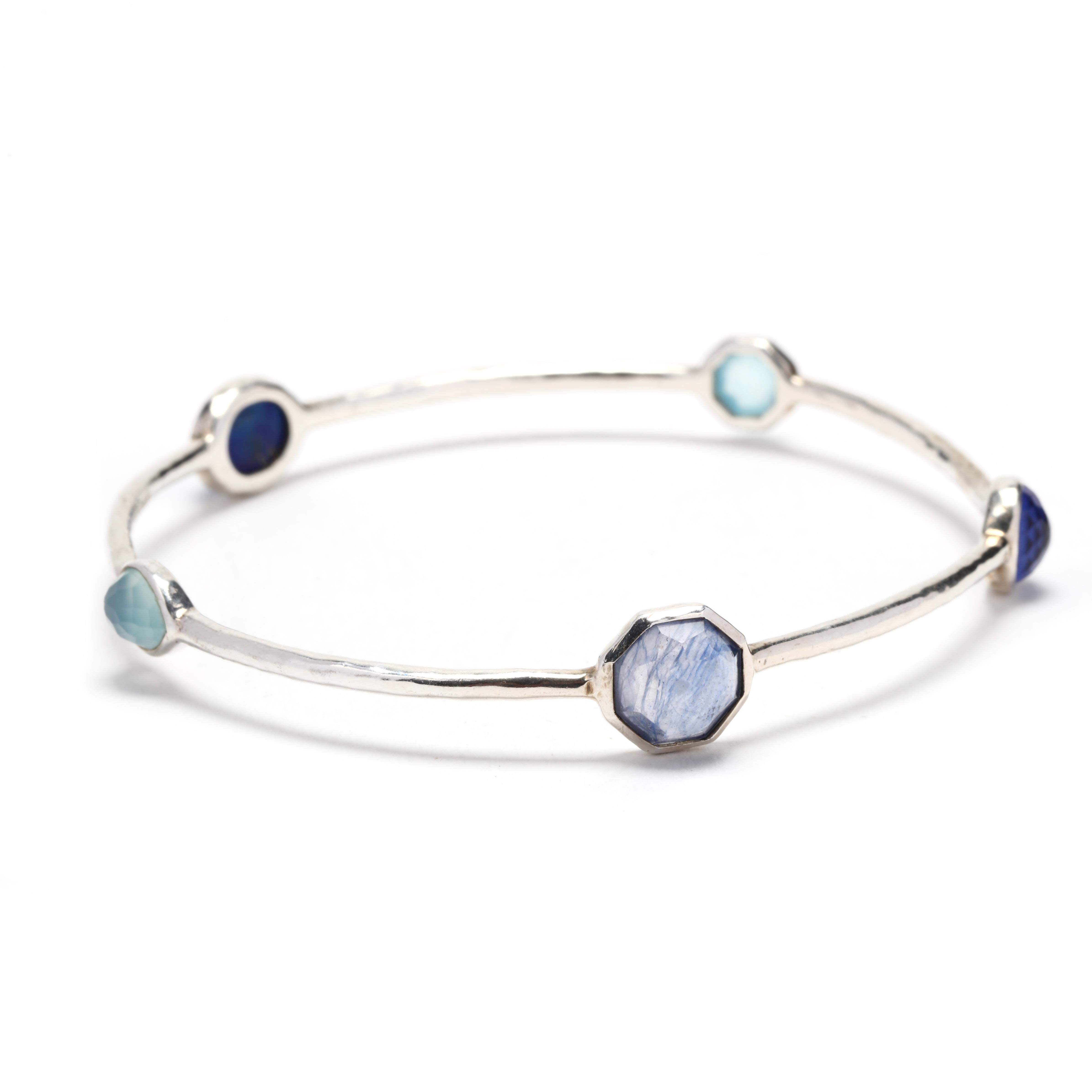 Oval Cut Ippolita Rock Candy Blue 5 Stone Bangle Bracelet, Sterling Silver, Length 8 Inch For Sale