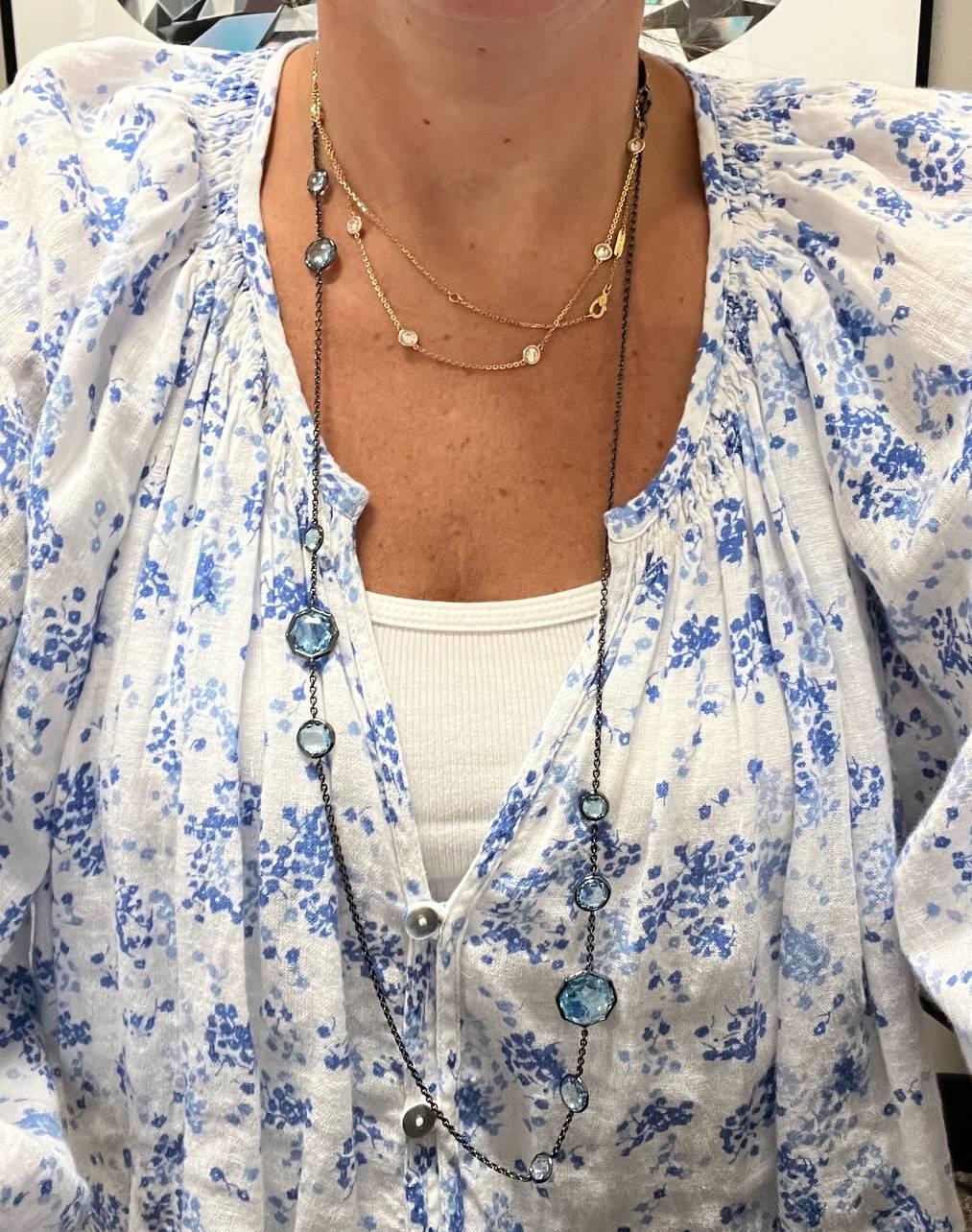 Round Cut Ippolita Rock Candy Blue Topaz Black Rhodium on Sterling Silver Station Necklace