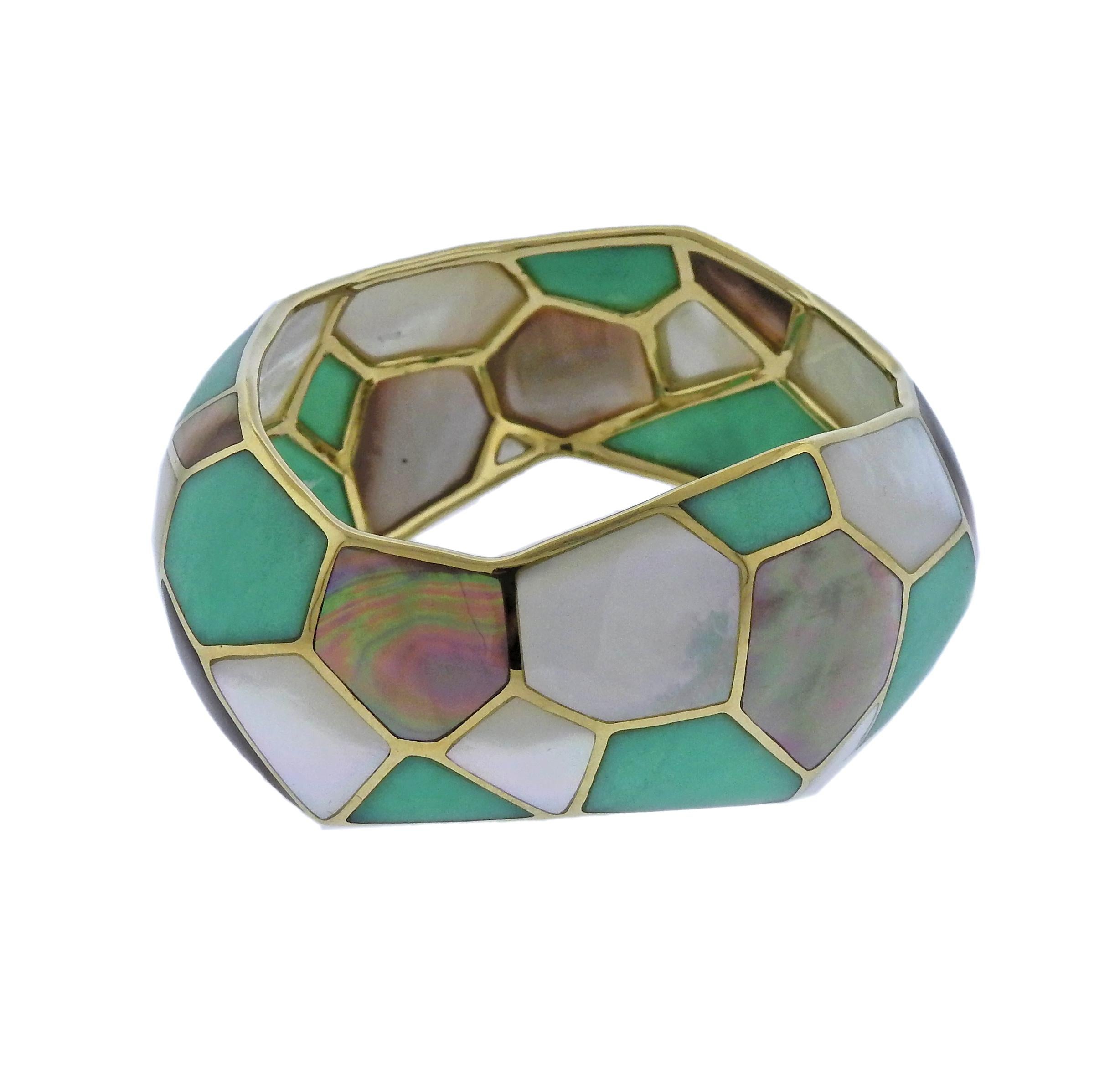 Large 18k gold bangle bracelet, crafted by Ippolita, set with chrysoprase and mother of pearl mosaic design. Bracelet will fit approx. 7 