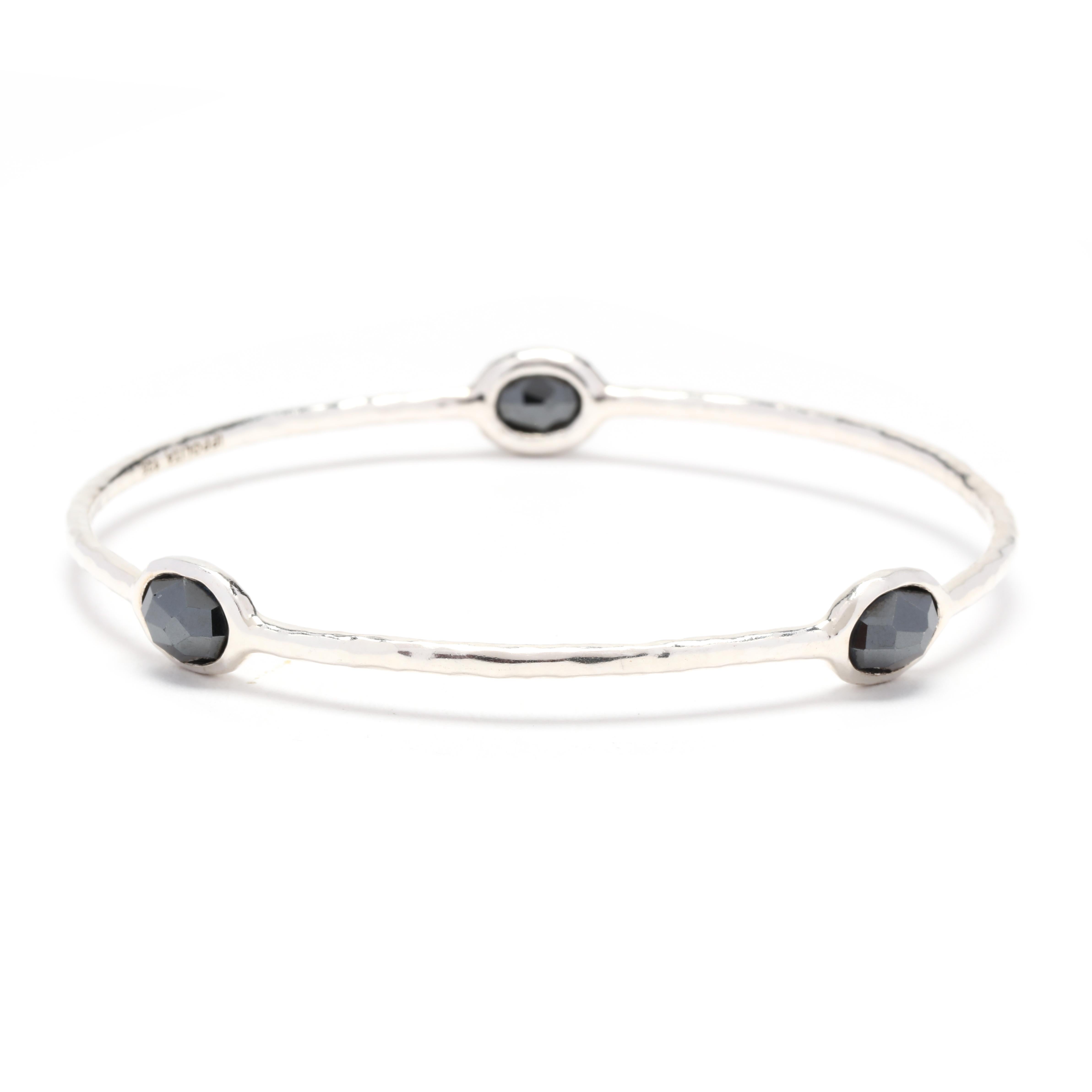 Oval Cut Ippolita Rock Candy Hematite 3 Stone Bangle, Sterling Silver, Length 7.75 Inch For Sale