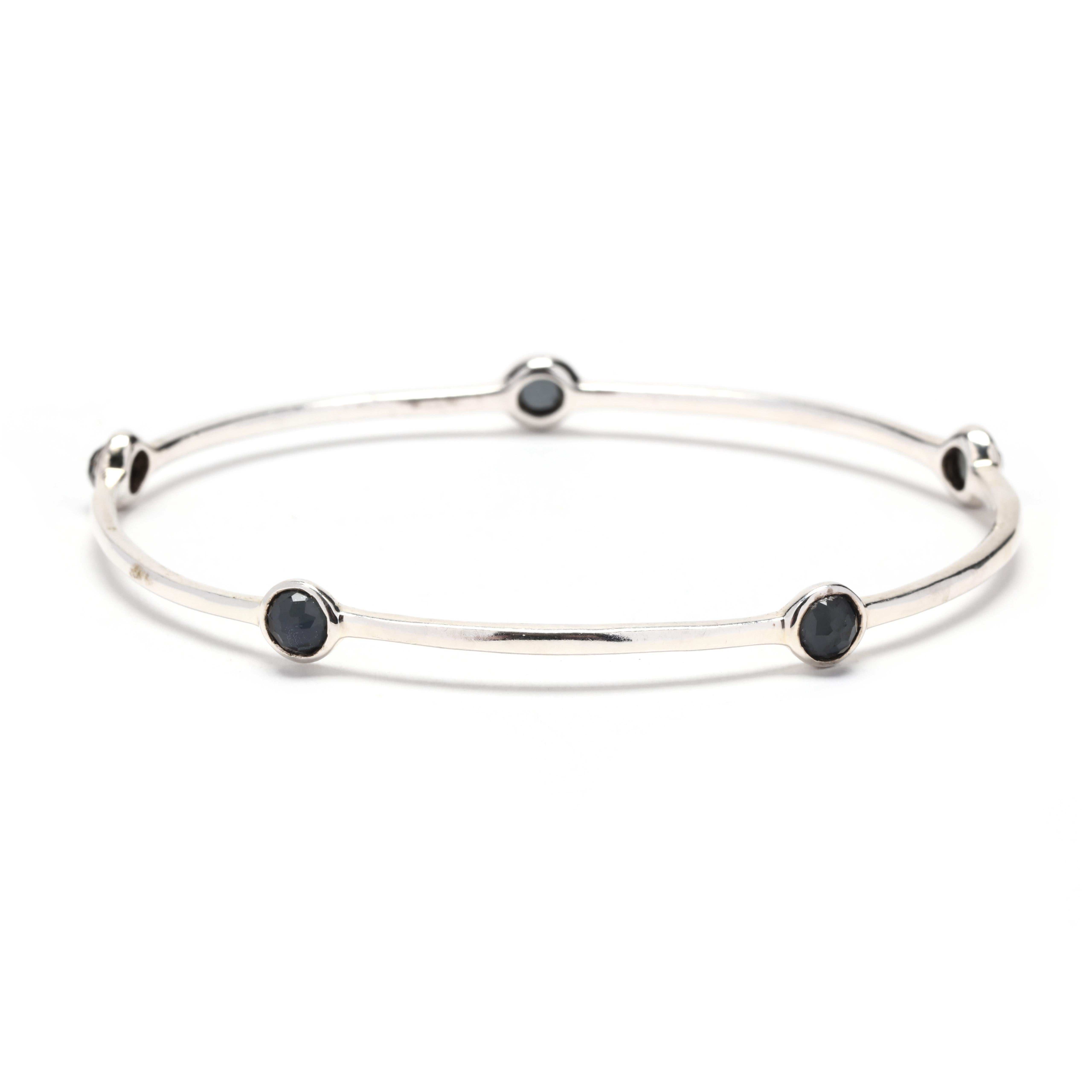 Round Cut Ippolita Rock Candy Hematite 5 Stone Bangle Bracelet, Sterling Silver For Sale