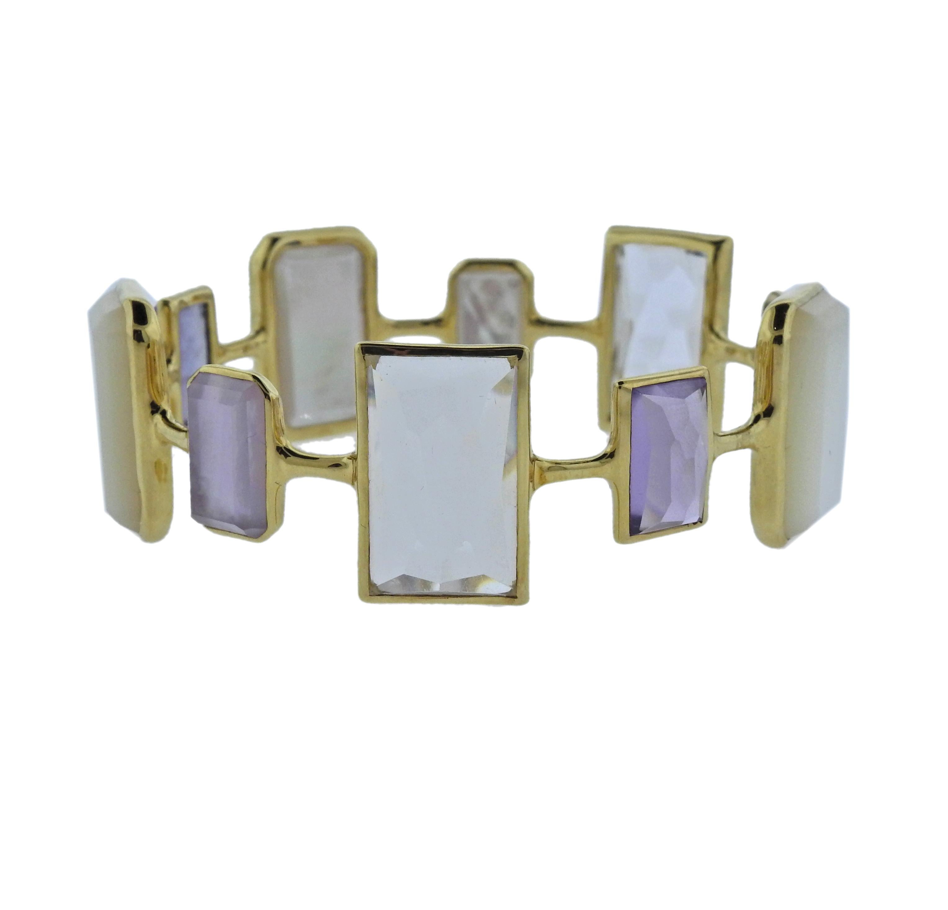 18k gold bangle bracelet, crafted by Ippolita, set with citrine, quartz, amethyst and mother of pearl. Bracelet will fit approx. 7 