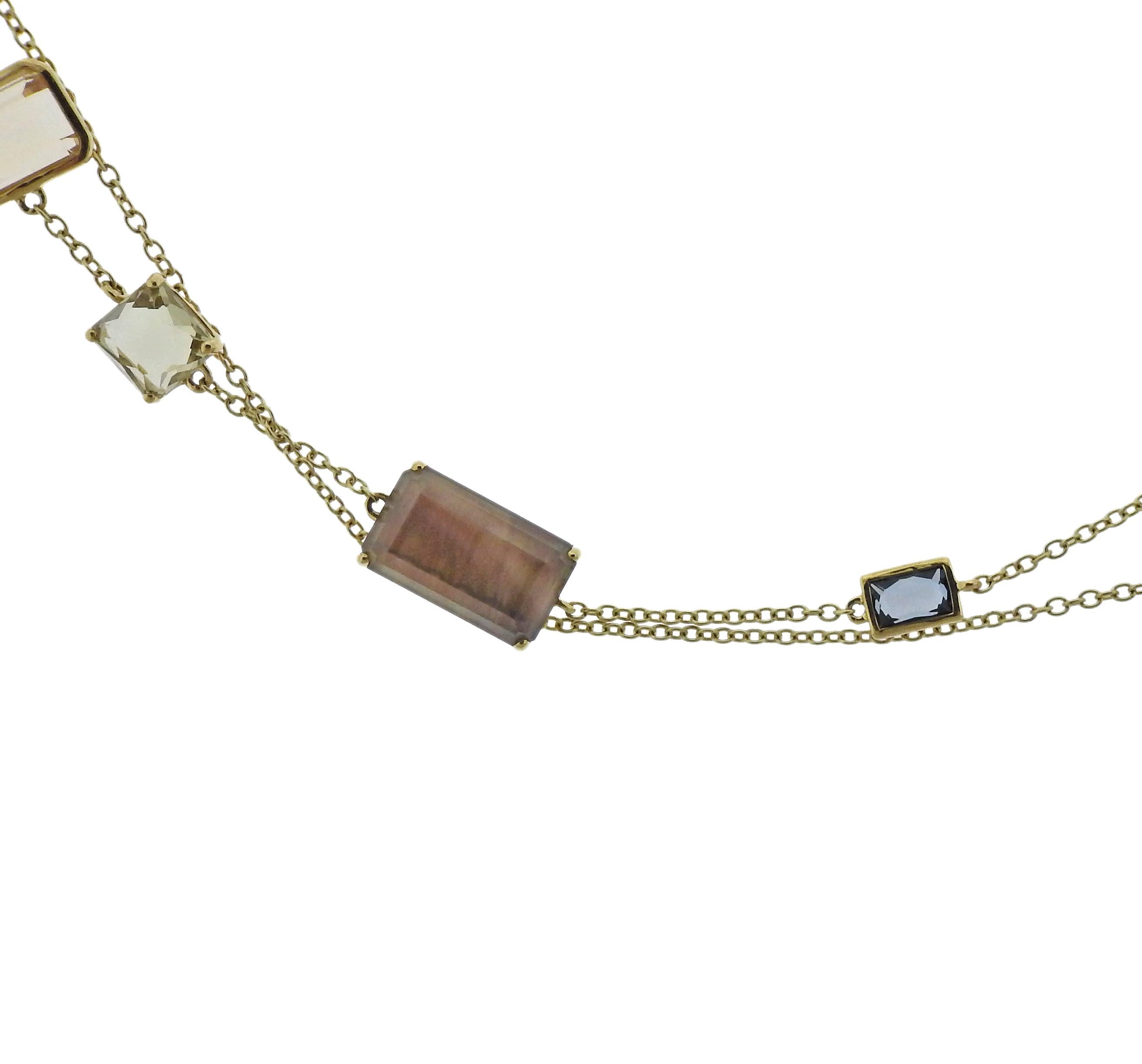 18k gold long station necklace, crafted by Ippolita, set with  Quartz, Citrine, Mother of Pearl. Necklace is 36