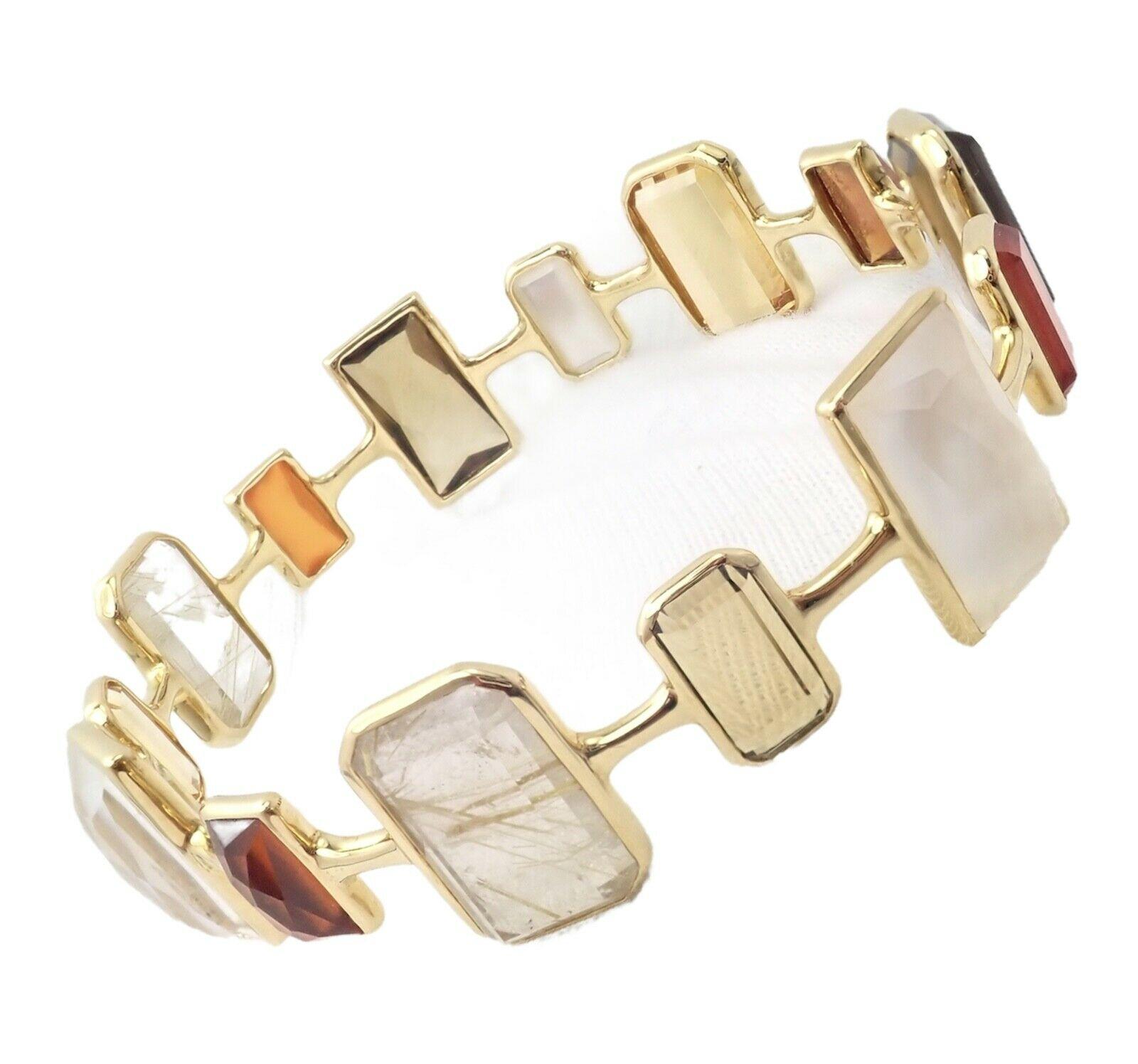 18k Yellow Gold Rock Candy Newport Large Quartz Bangle Bracelet by Ippolita. 
With Large Stones Of Various Sizes - Mother of Pearl, Rutelated Quartz, Smokey Quartz, and many more stones
Details: 
Length: 7.5