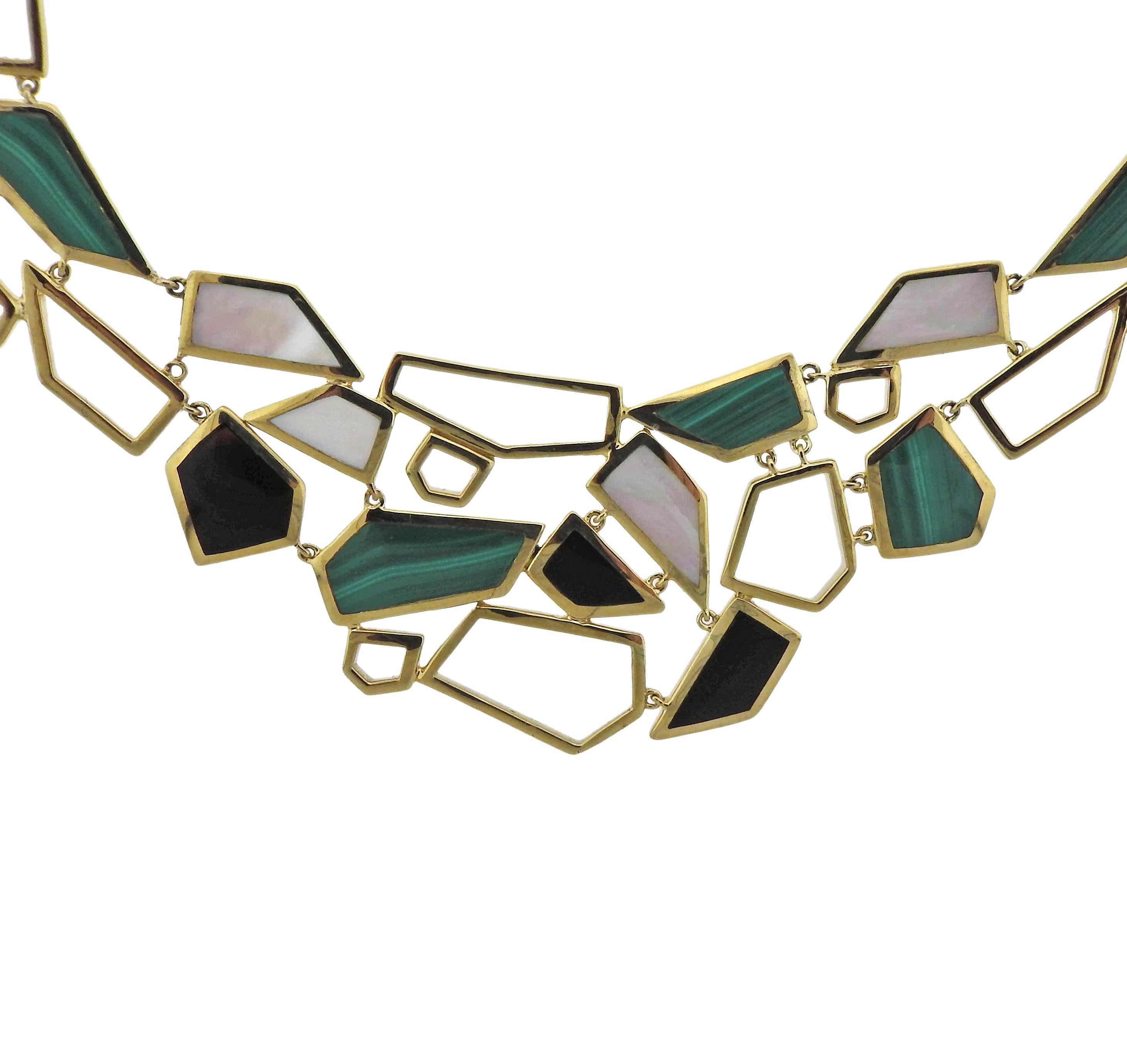 Impressive 18k gold necklace, crafted by Ippolita,set with onyx, malachite and mother of pearl mosaic design. Necklace is 17 1/4