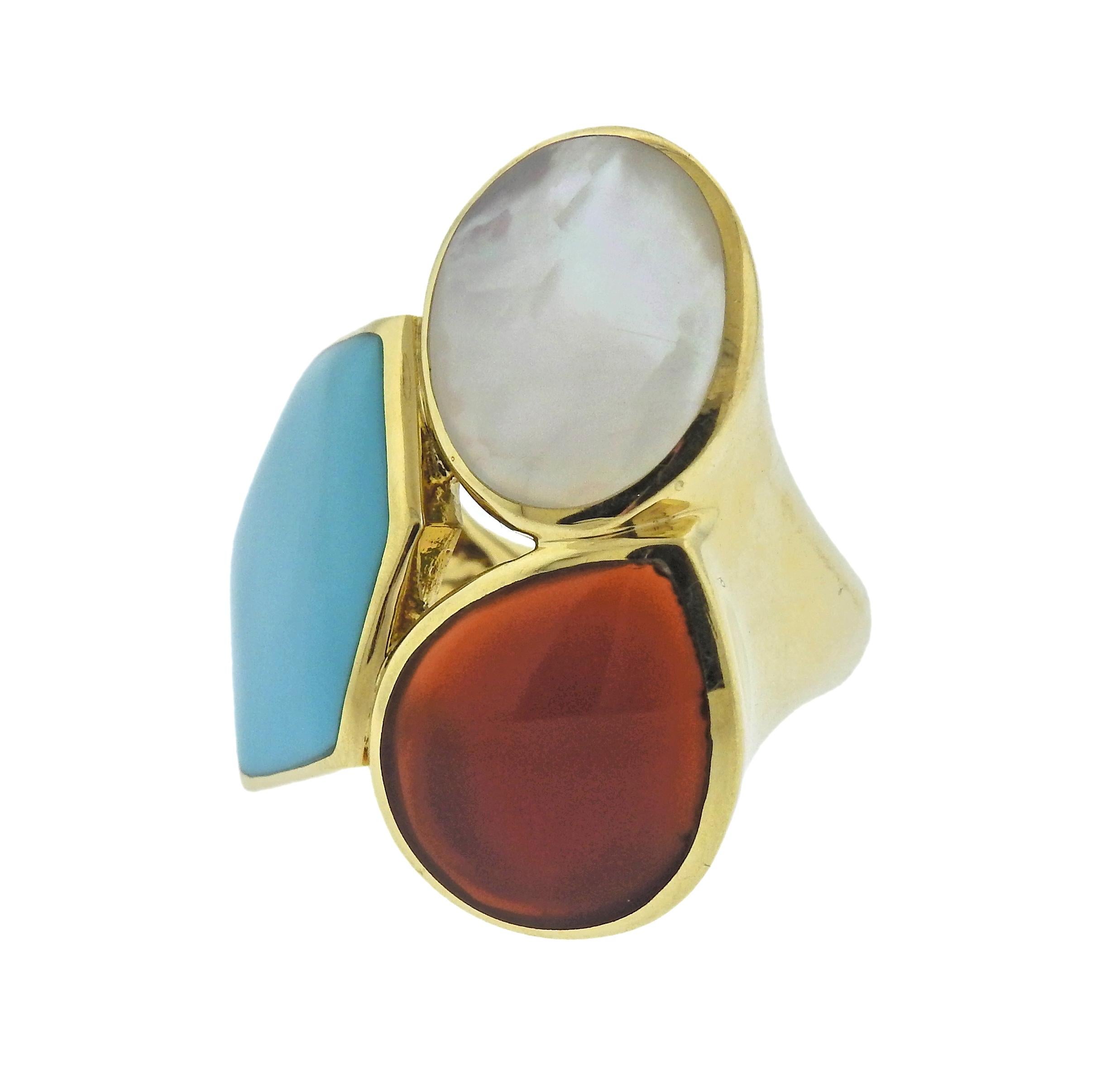 18k gold multi gemstone ring by Ippolita, set with turquoise, carnelian and mother of pearl. Ring size 7 1/4, ring top - 33mm x 32mm, weighs 20.1 grams. Marked Ippolita and 18k. Retail $3995. Come with Pouch.
