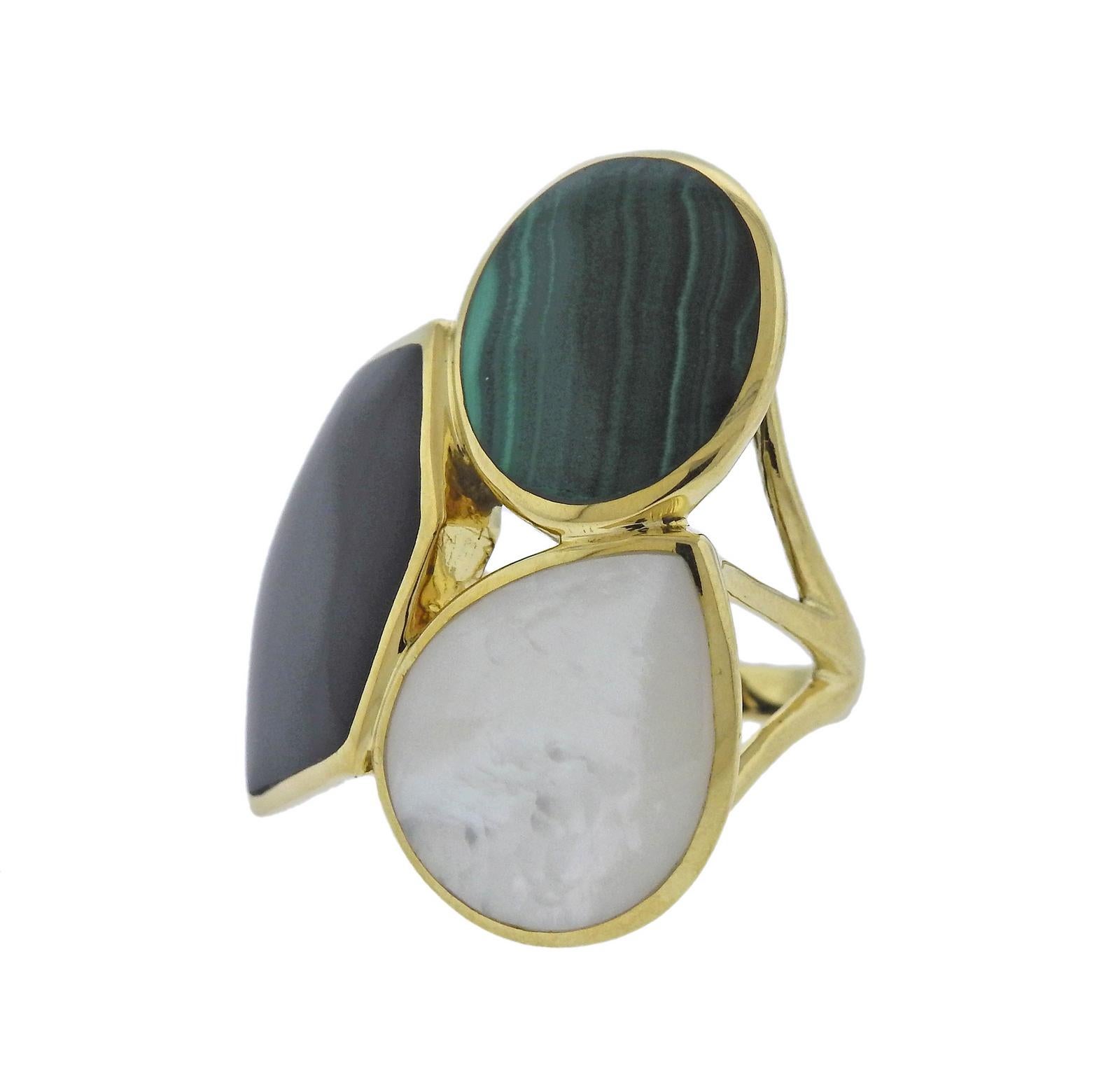 18k gold gemstone ring by Ippolita, set with malachite, onyx and mother of pearl. Ring size - 7 3/4, ring top is 35mm x 33mm , weighs 13.9 grams. Marked Ippolita and 18k. Retail $3995. Comes with Pouch.