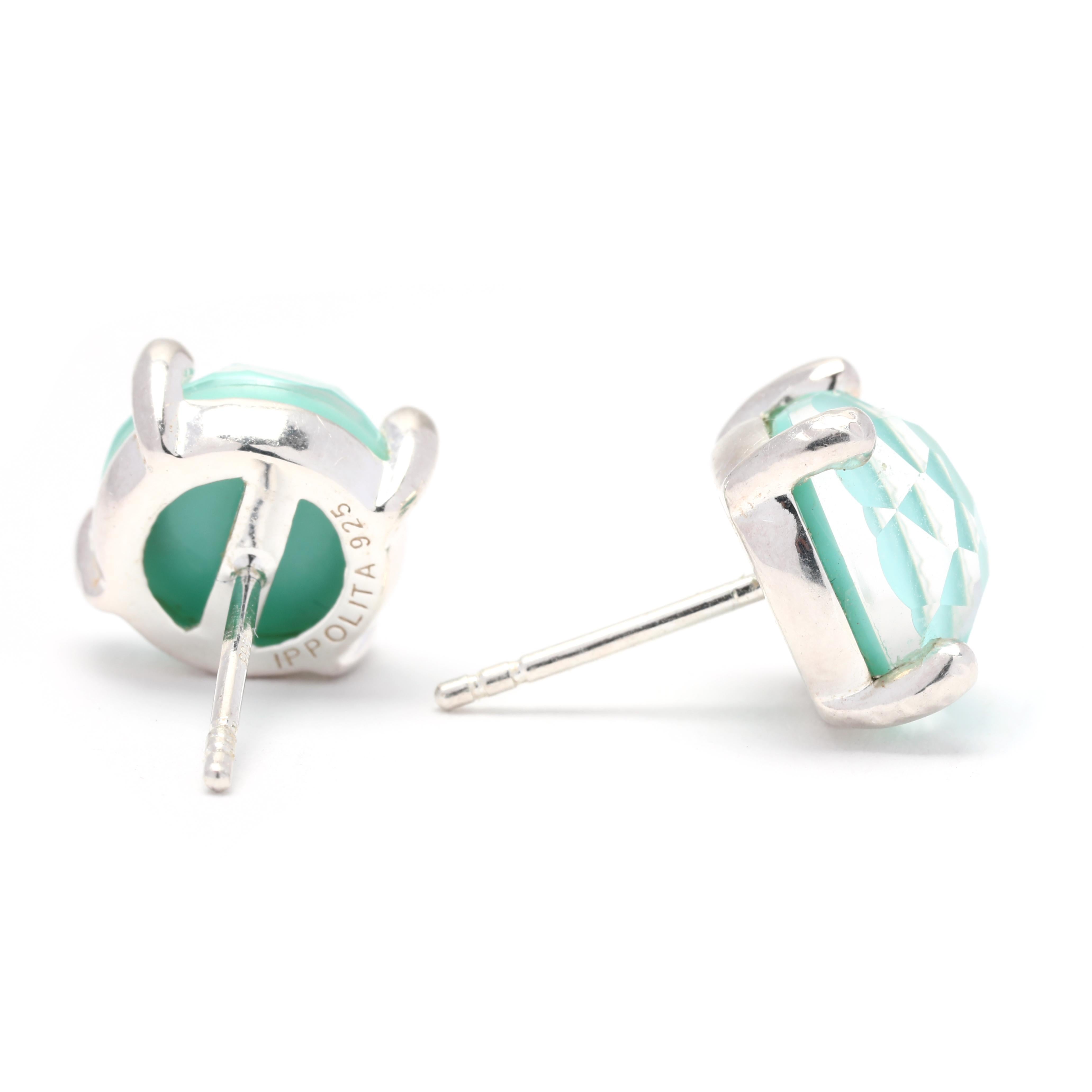 These Ippolita Rock Candy Turquoise Clear Quartz Stud Earrings are a stunning addition to any jewelry collection. Made from sterling silver, these earrings feature a large turquoise stone with a clear quartz overlay, creating a unique and
