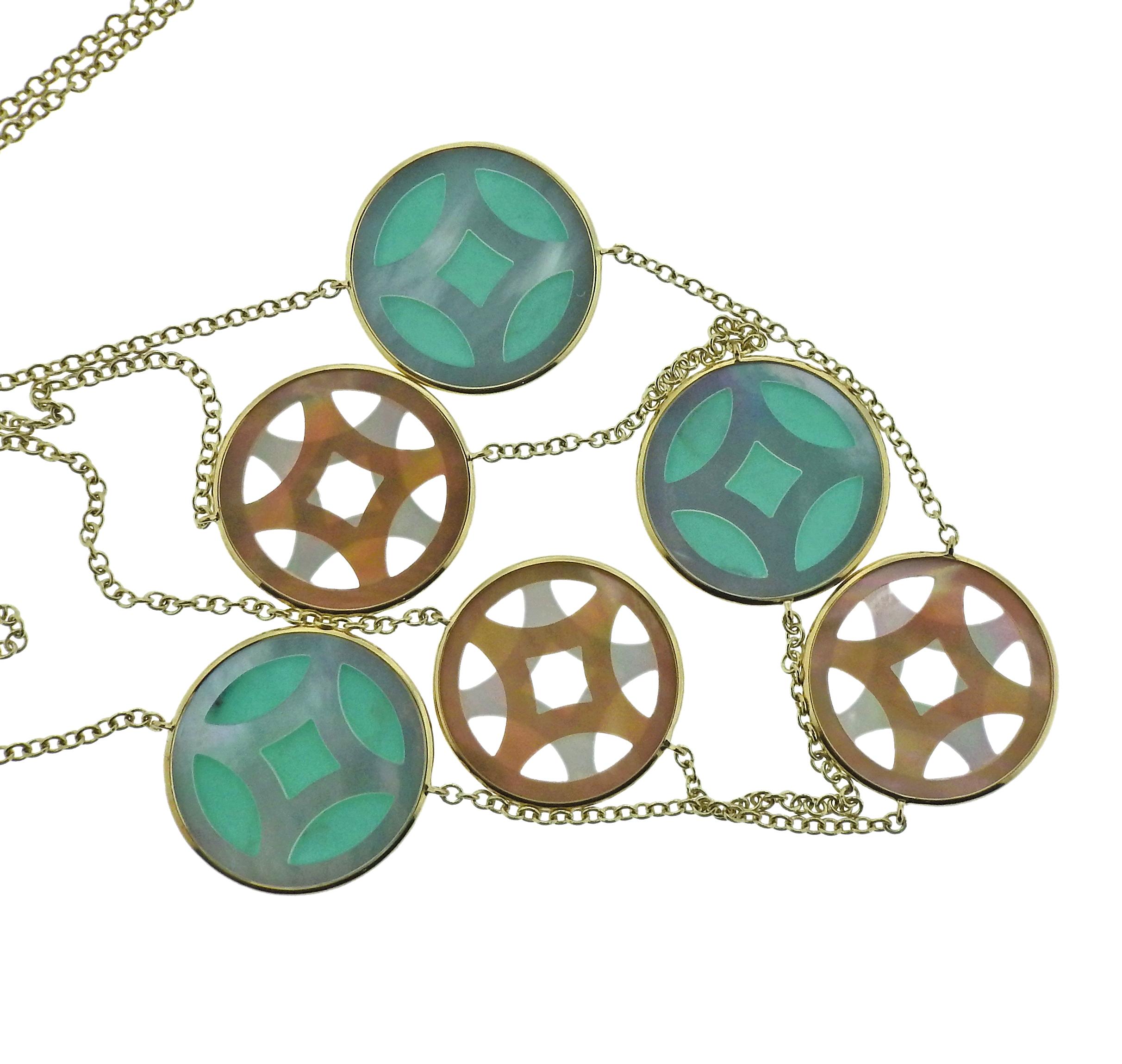 18k gold station necklace by Ippolita, set with shell and turquoise.  Necklace is  37