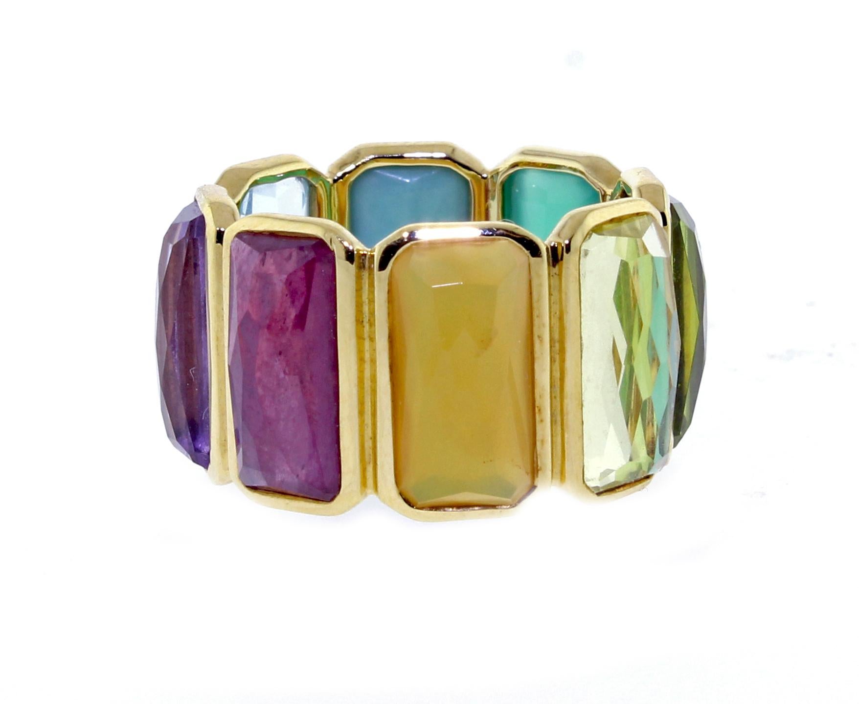 From Ippolita's Wonderland collection, her mult-gemstone brick band in 18 karat gold, size 7¼. 12mm wide  
