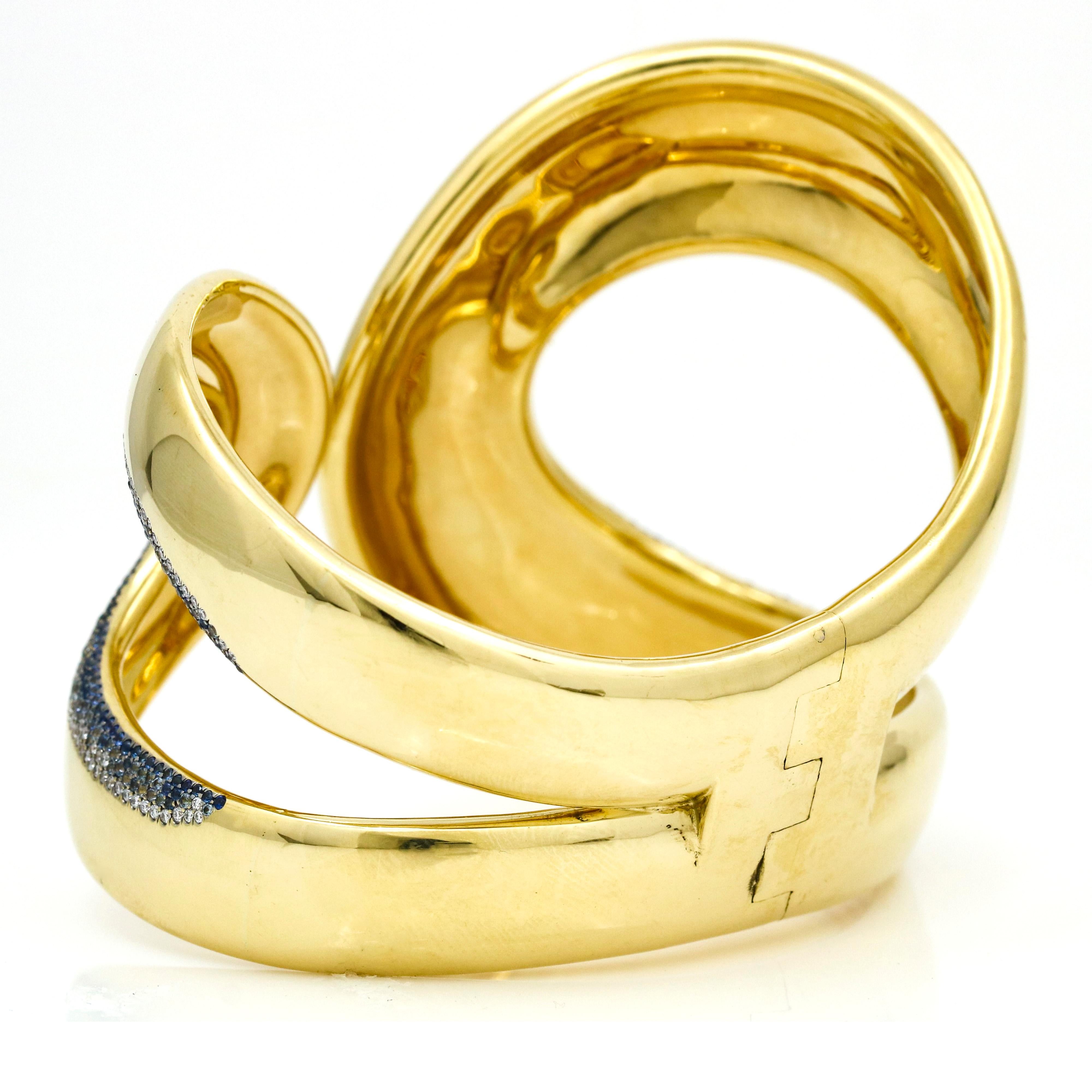 Round Cut Ippolita Stardust Diamond Sapphire Statement Bangle Bracelet 18k Yellow Gold