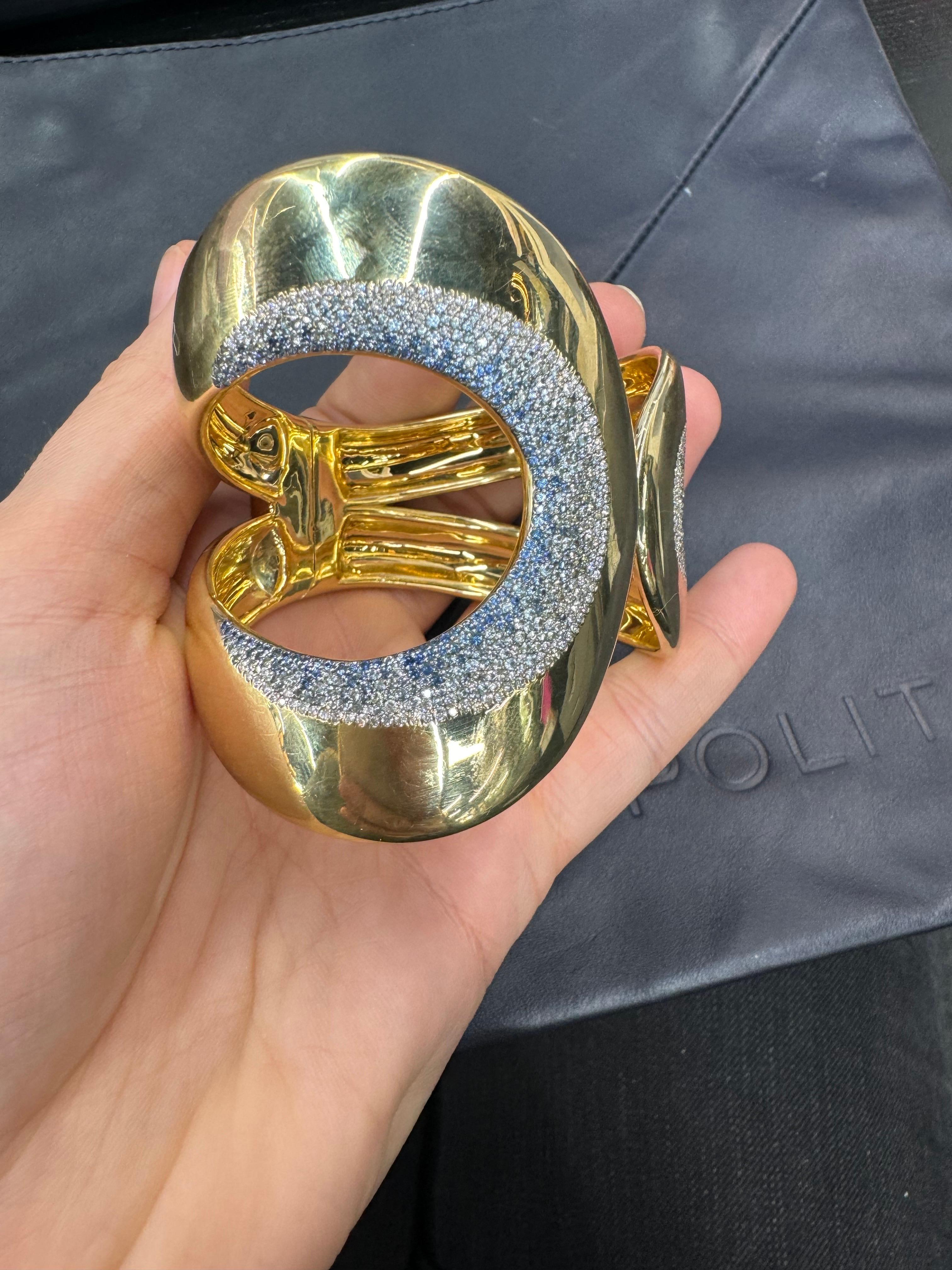Ippolita Stardust Diamond Sapphire Wide Bangle Bracelet 18KT Yellow 151 Grams For Sale 3