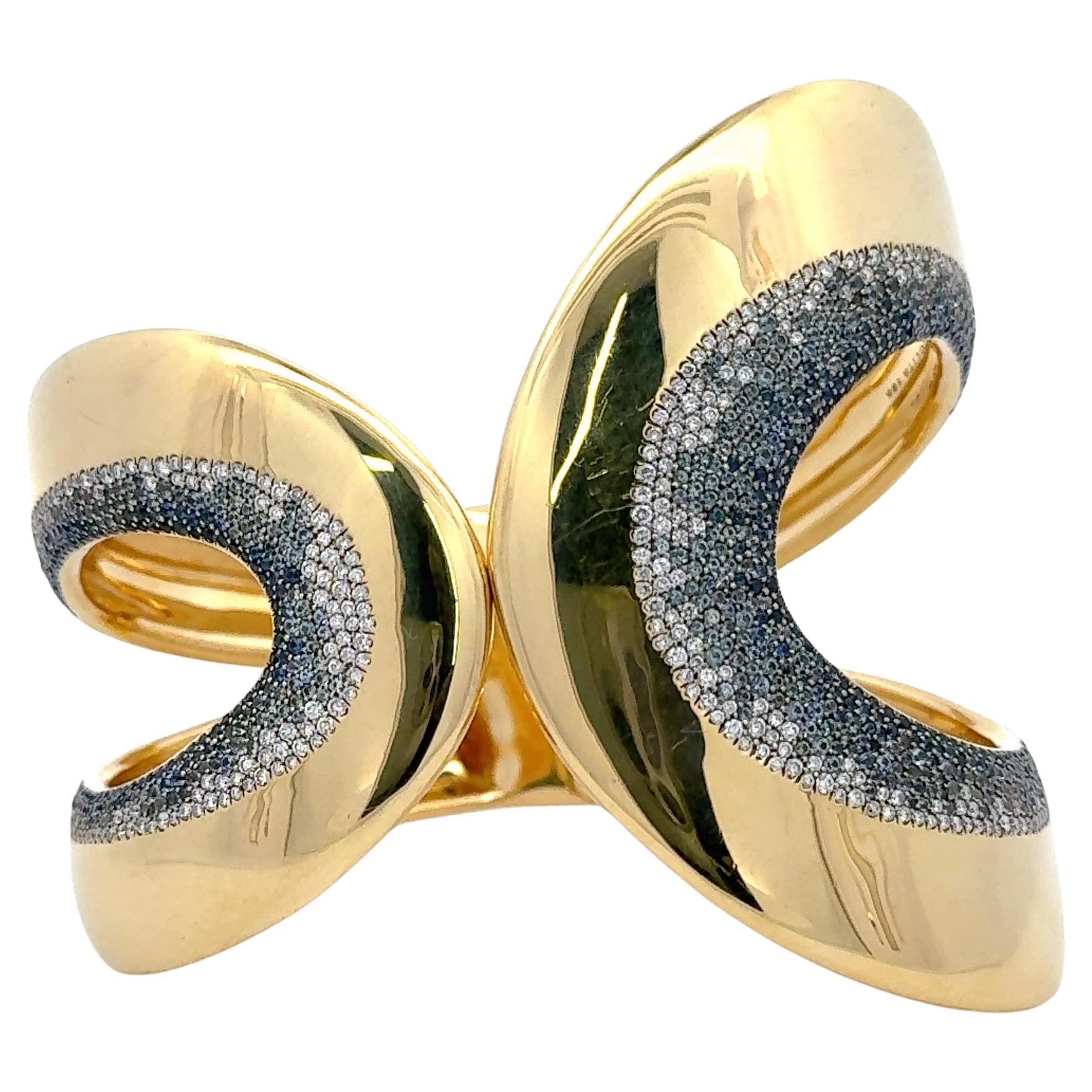 Ippolita Stardust Diamond Sapphire Wide Bangle Bracelet 18KT Yellow 151 Grams For Sale