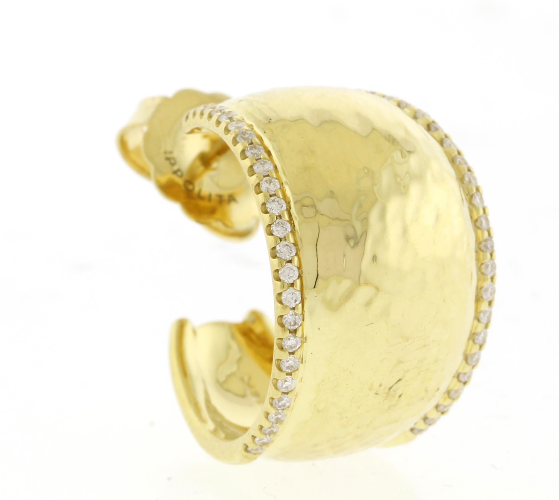 Crafted in luxurious 18-karat hammered yellow gold, these elegant wide huggie earrings from Ippolita's Stardust collection offer a refined touch of sparkle. Delicate pavé diamonds line the edges, totaling 0.68 carats, creating a shimmering accent.