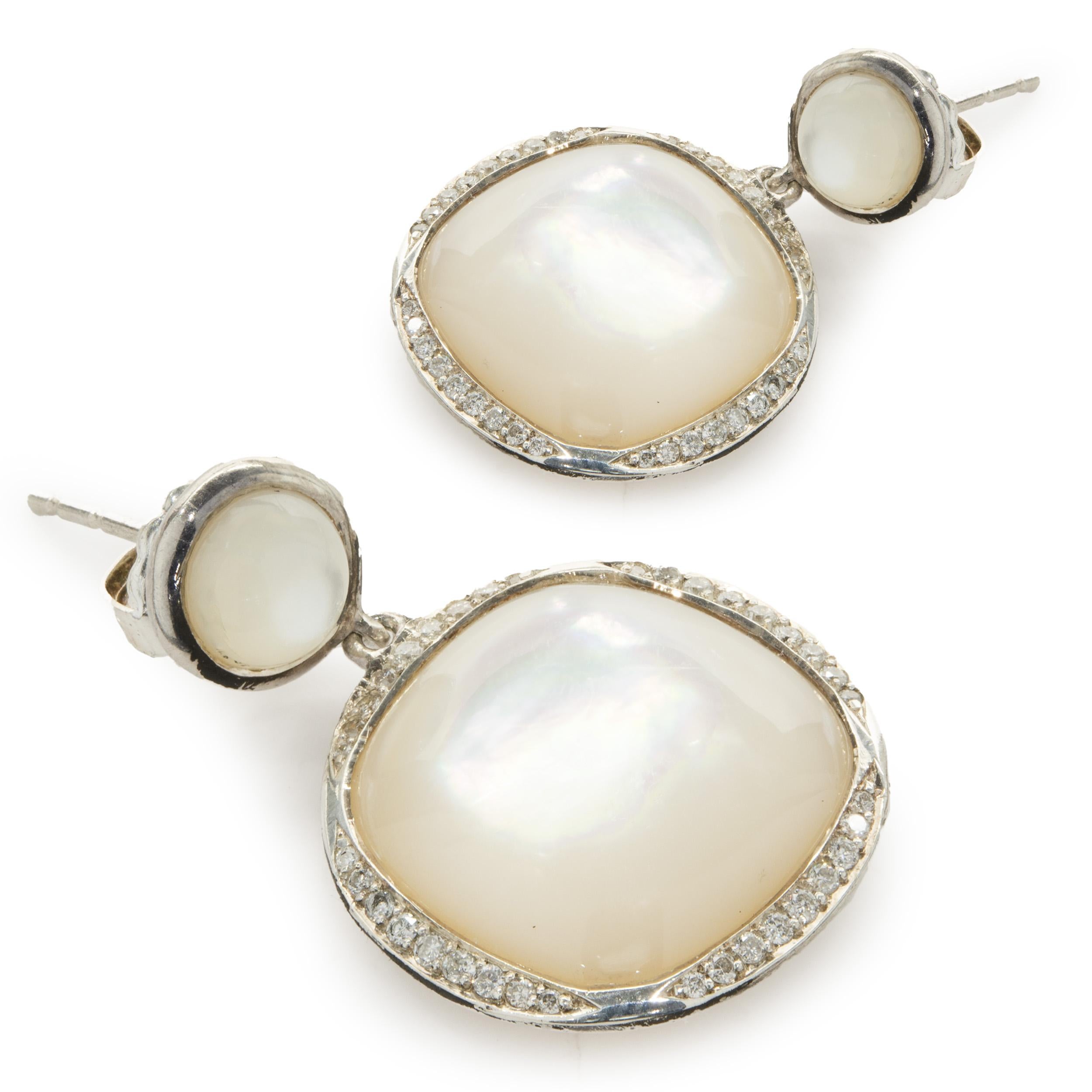 Round Cut Ippolita Sterling Silver Mother of Pearl and Diamond Drop Earrings