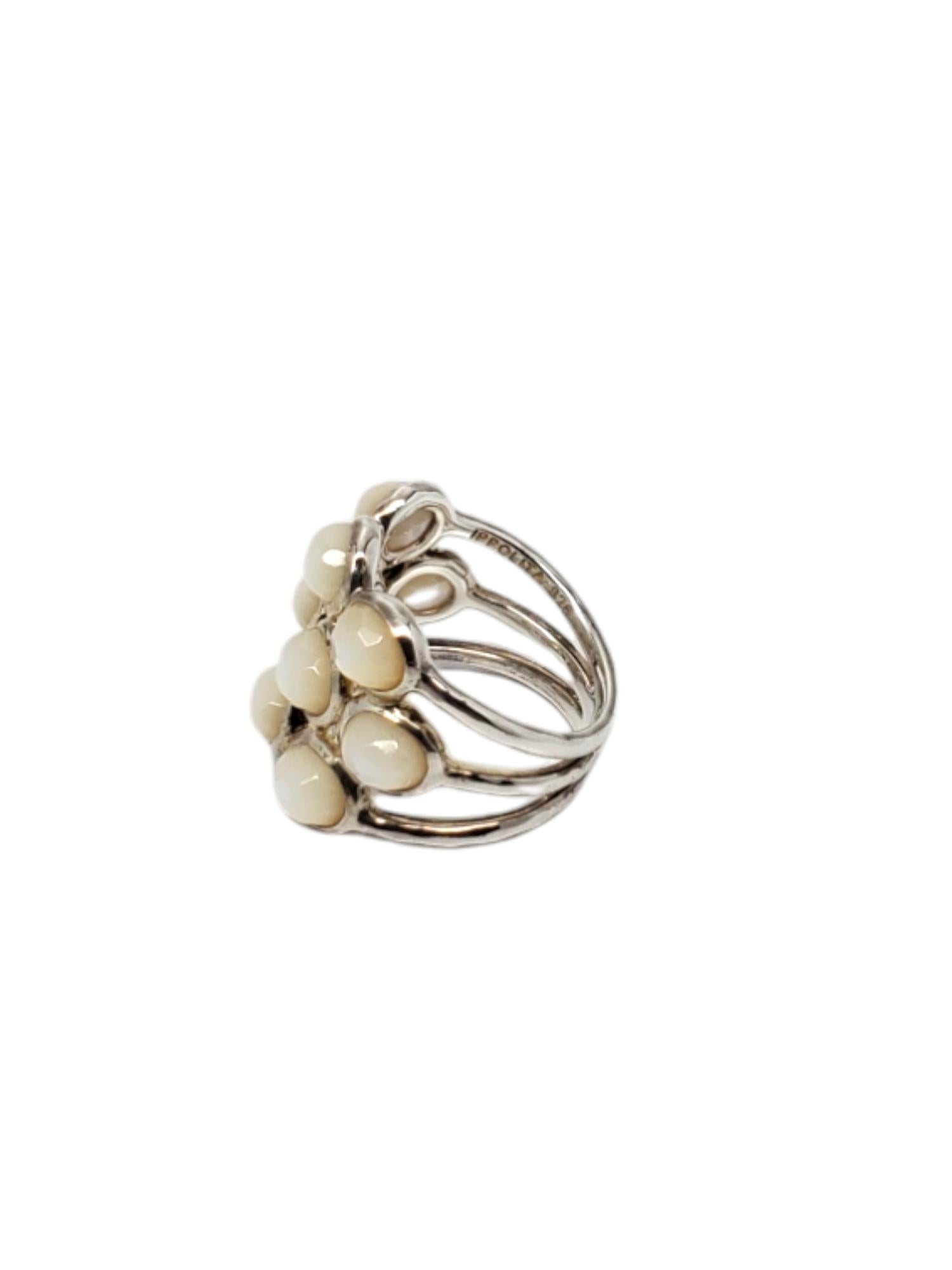 Ippolita Sterling Silver Mother of Pearl Ring Size 6.75

This ring by Ippolita features 10 white oval mother of pearl stones and is set in sterling silver.

Shank: 5.54 mm

Size: 6.75

Stamped: Ippolita 925

Weigh: 6.2 dwt / 7.4 gr.

Very good