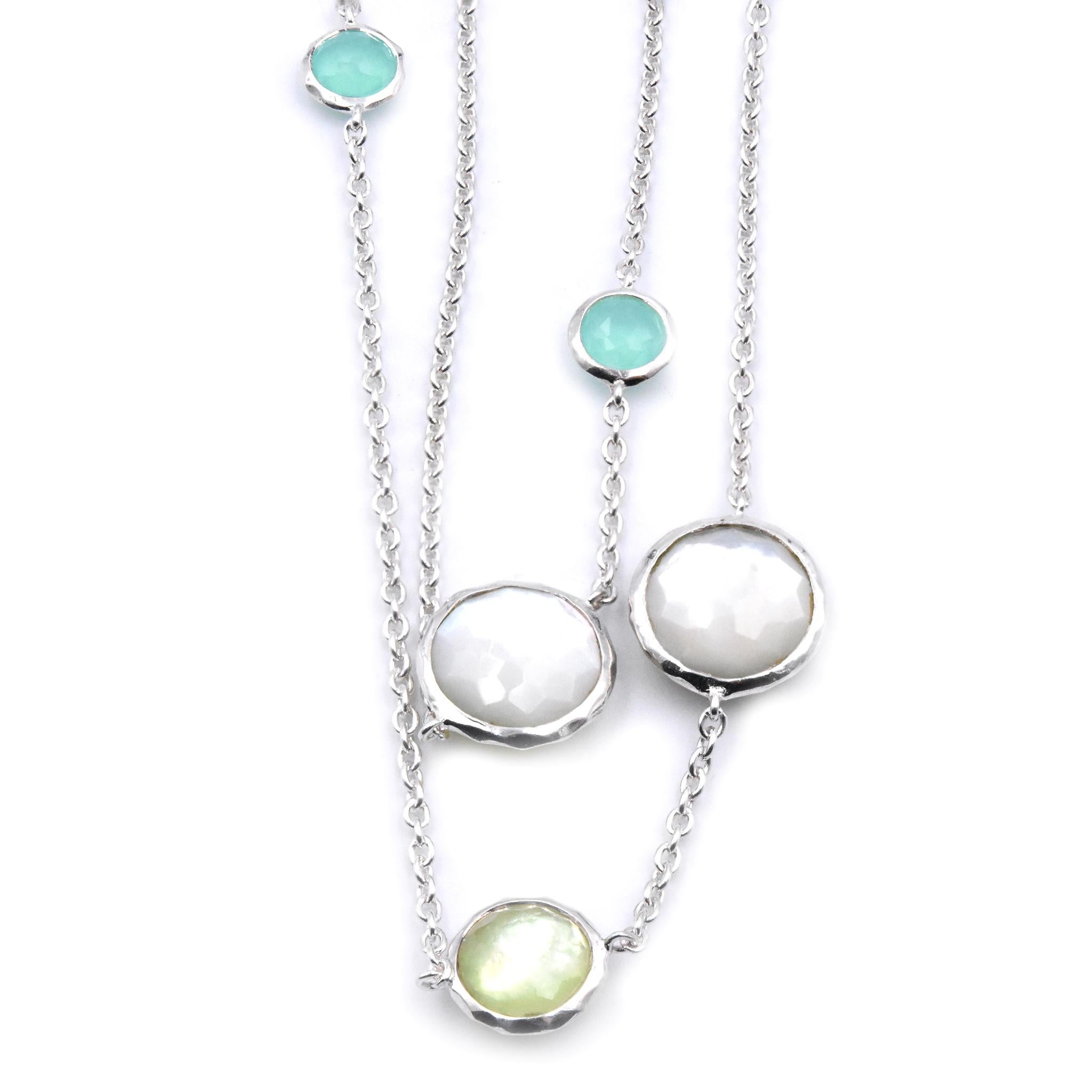 Designer: Ippolita
Material: Sterling Silver 
Gemstone: mother of pearl and green quartz
Dimensions: necklace measures 34-inches in length
Weight: 65.8 grams