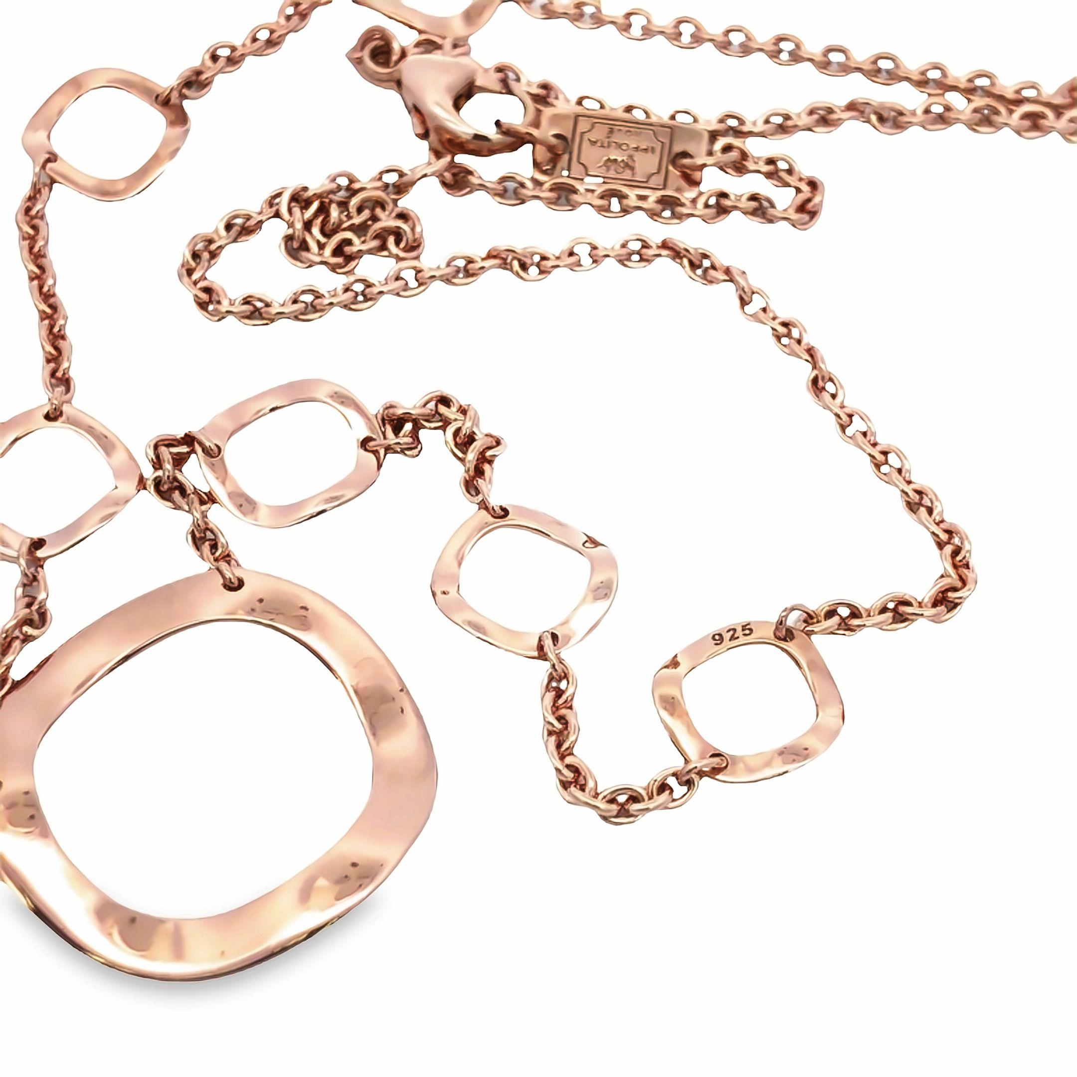Flat hoop necklace designed by IPPOLITA finely crafted rose gold vermeil sitting on top of sterling silver featuring a total of 7 squiggle design hoops. Necklace measures 18 inches long and measure 0.7mm wide with posts and butterfly backs. Fully
