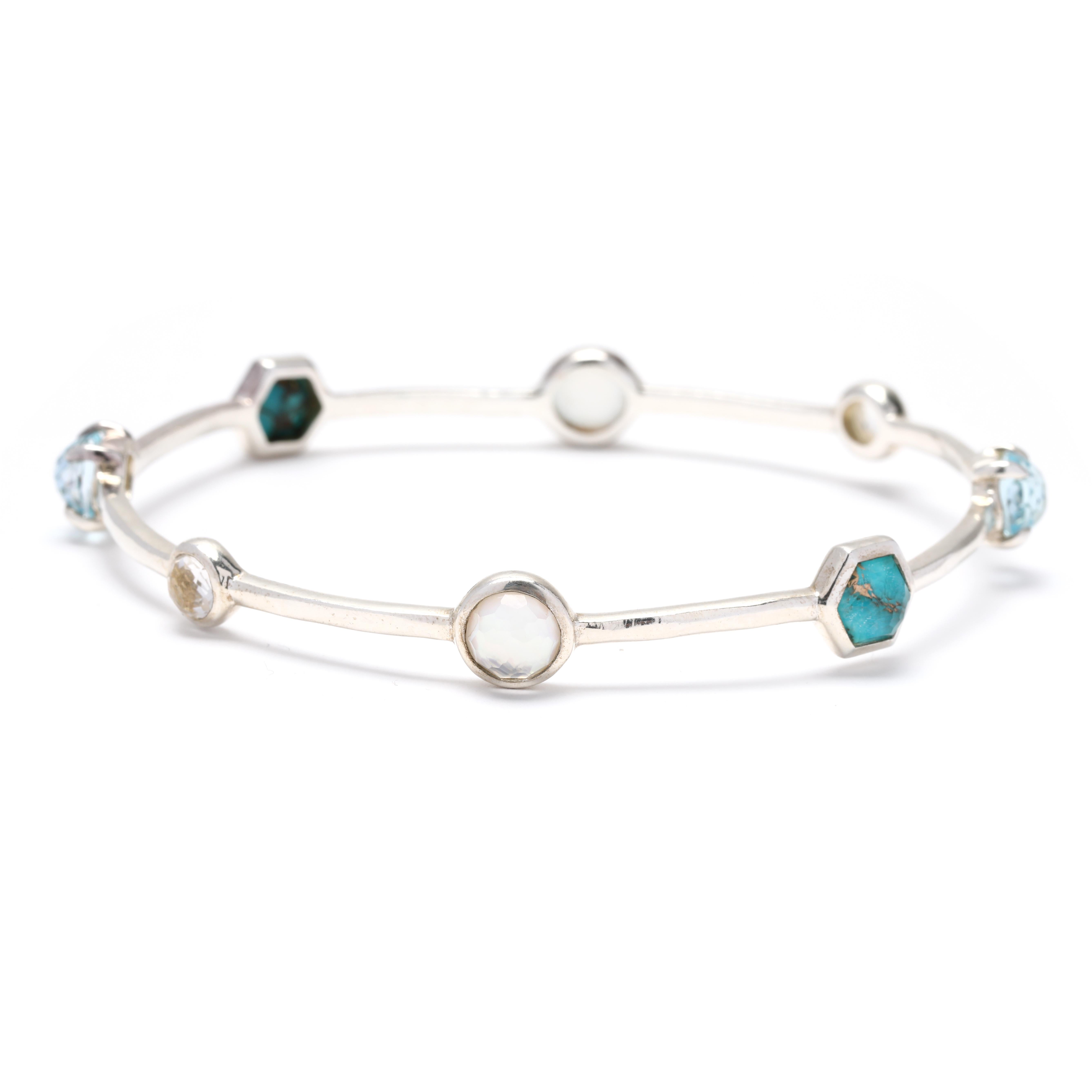 Round Cut Ippolita Turquoise Blue Topaz Bangle Bracelet, Sterling Silver, Length 7 5/8 In For Sale