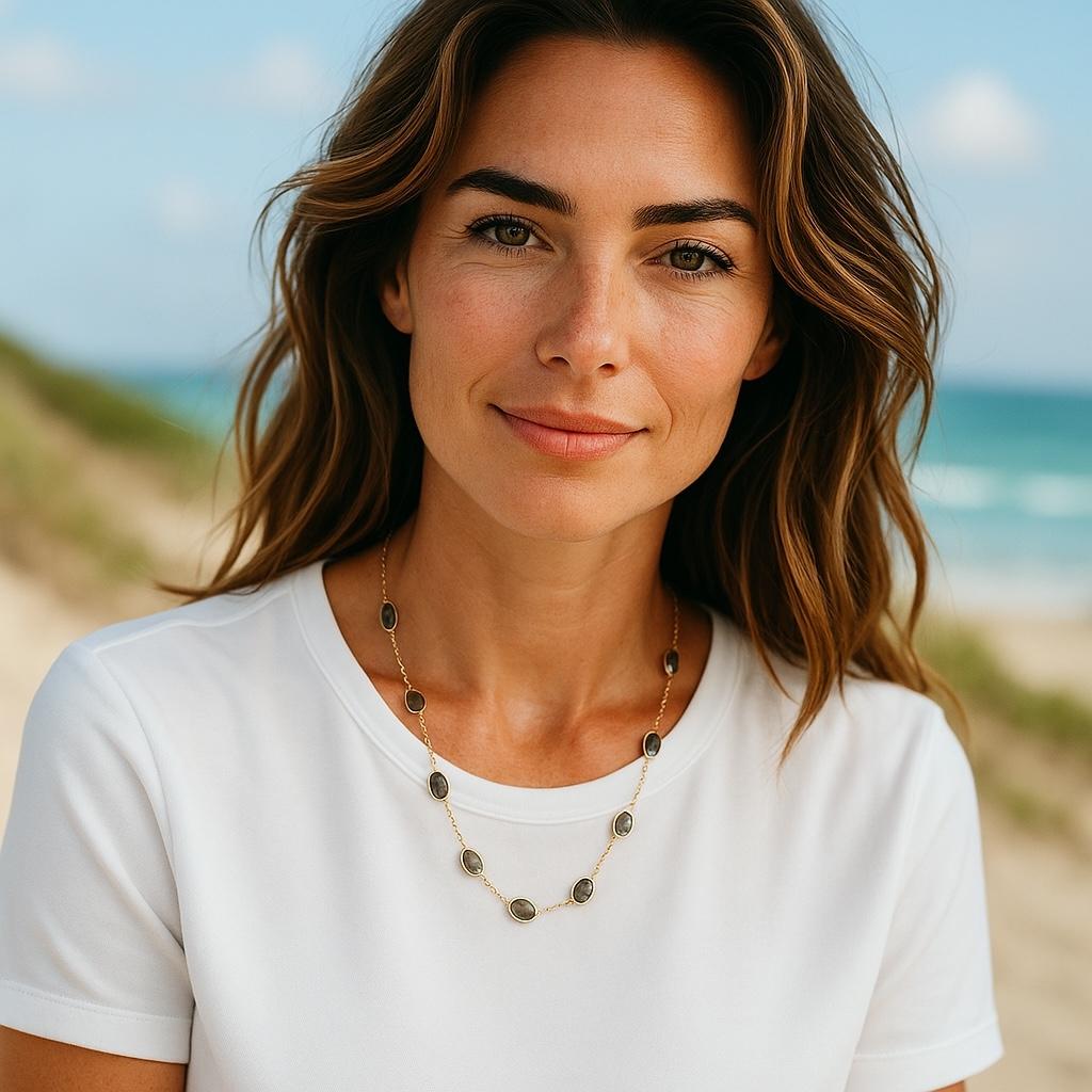 A Modern Take on Sophisticated Versatility
Elevate your everyday or evening attire with this Ippolita vintage 18K Yellow Gold Station Necklace, featuring eight bezel-set brown topaz stones in an artful range of shapes. Known for her contemporary yet