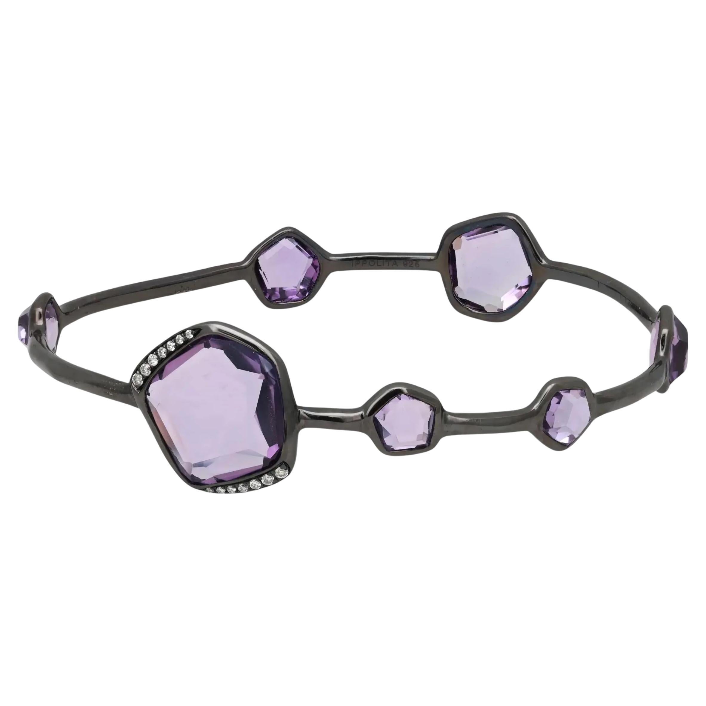 Ippolita Wicked 7 Stone Amethyst & Diamond Bangle Bracelet 925 Sterling Silver