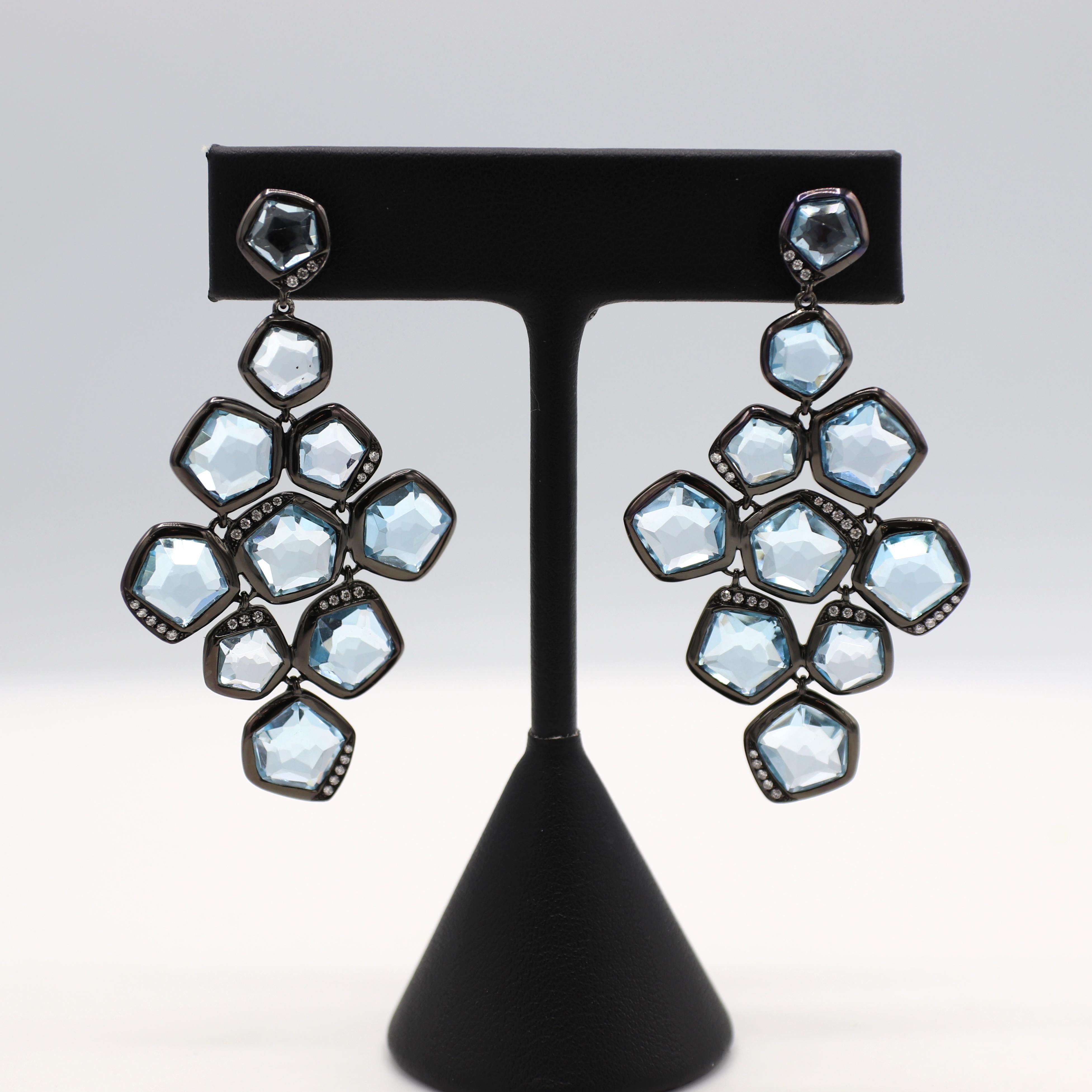 Ippolita Wicked Black Rhodium & Sterling Silver Blue Topaz & Diamond Cascade Dangle Drop Earrings 
Metal: Sterling silver, rhodium, 14k gold posts 
Diamonds: Approx. .30 CTW G VS round diamonds 
Weight: 20.9 grams
Length: 2.3 inches
Width: 1.40