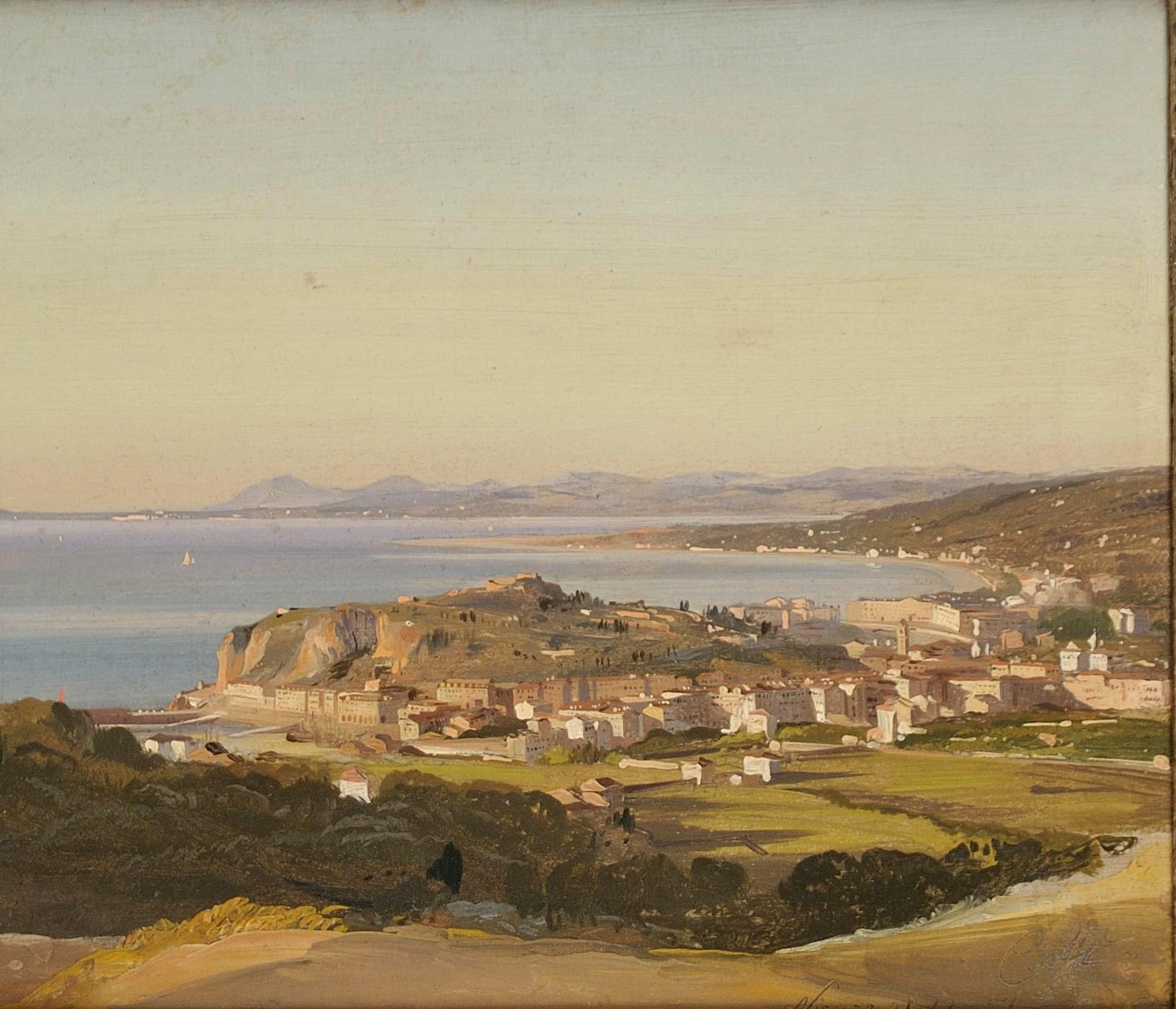 Oil on canvas, depicting the view of Nice from Villafranca, signed and dated Ippolito Caffi ( Belluno 1809 – Lissa 1866 ) “Nizza 21.12.51 ′“on the lower right.

The bright landscape presented here depicts the coastal town at the time when it was