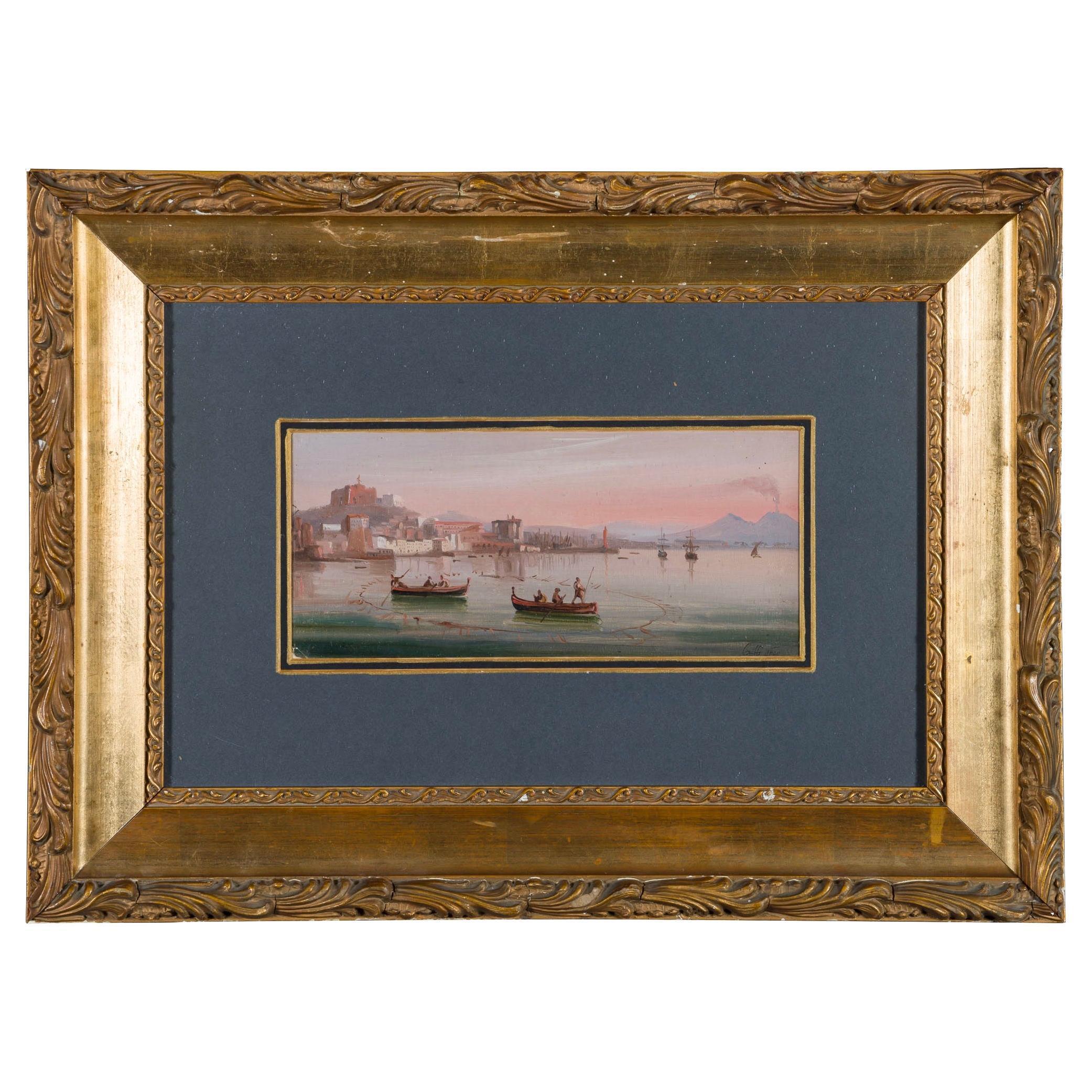 Beautiful and important painting attributed to the great 19th-century artist Ippolito Caffi.
Tempera on canvas pasted on panel.
Depicts the Bay of Naples in all its resplendent beauty and portrayed with rare intensity and touching