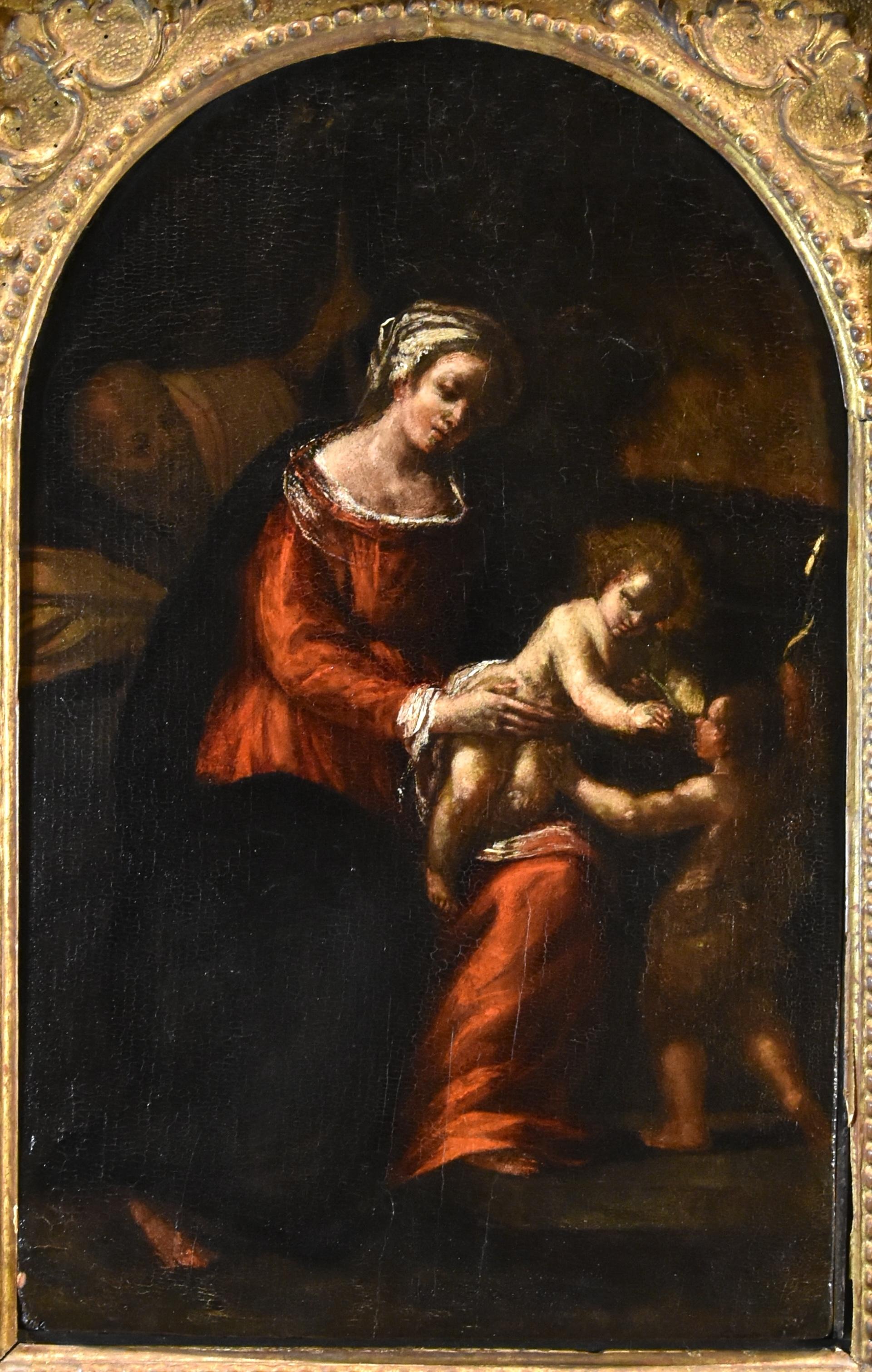 Heilige Familie St. John Scarsella Gemälde 17. Jahrhundert Öl auf Tisch Altmeister Italien (Alte Meister), Painting, von Ippolito Scarsella, known as Lo Scarsellino (Ferrara, c. 1550 - 1620)