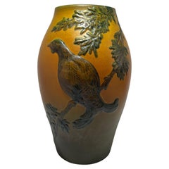 Art Nouveau Ipsen Stoneware Vase with Relief Bird and Oak Leaves, Model 13/50